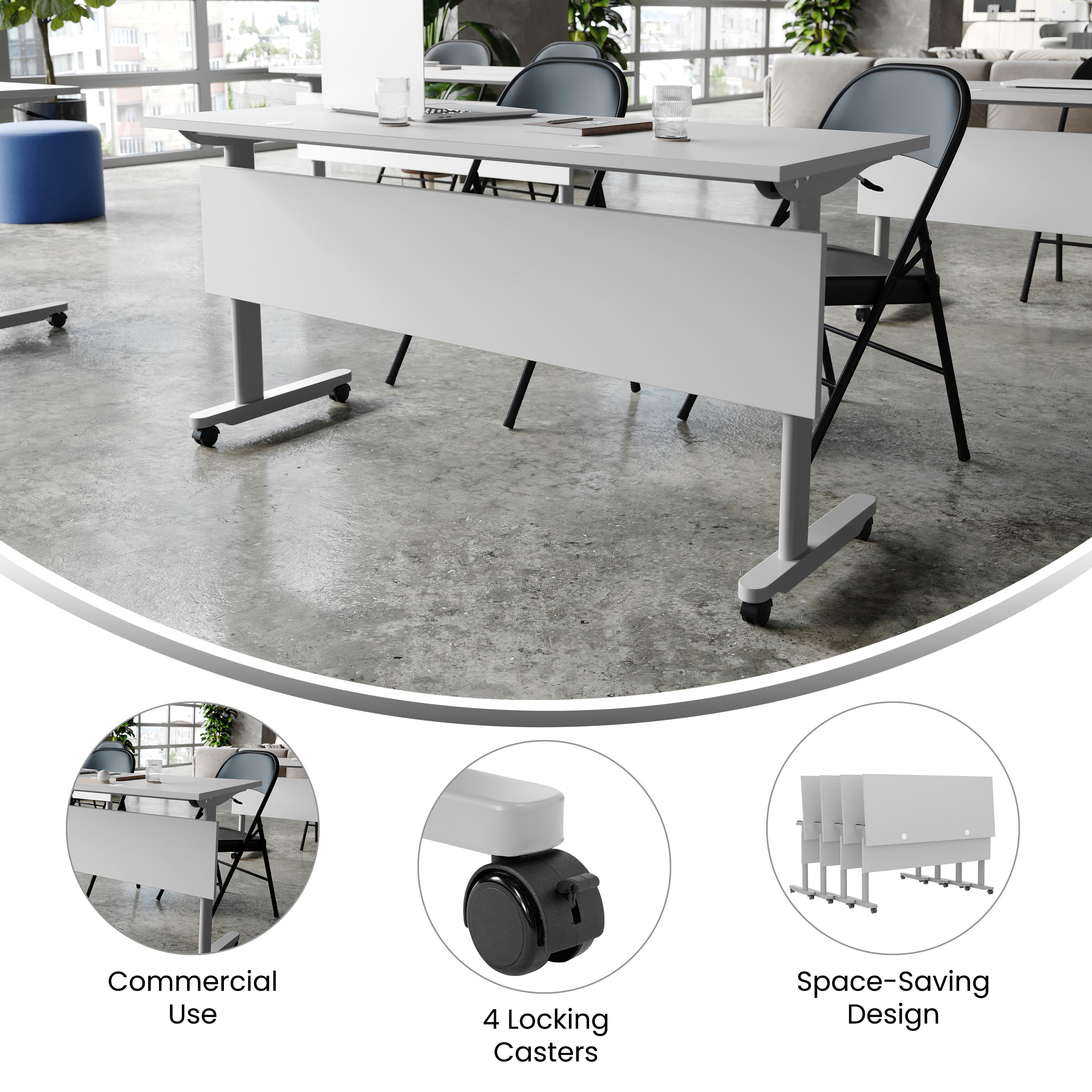 Palmer Commercial Grade 60" x 24" Heavy-Duty Nesting Flip Training Table with T-Legs, Modesty Panel, 1" Thick Gray Tabletop, and Gray Steel Frame