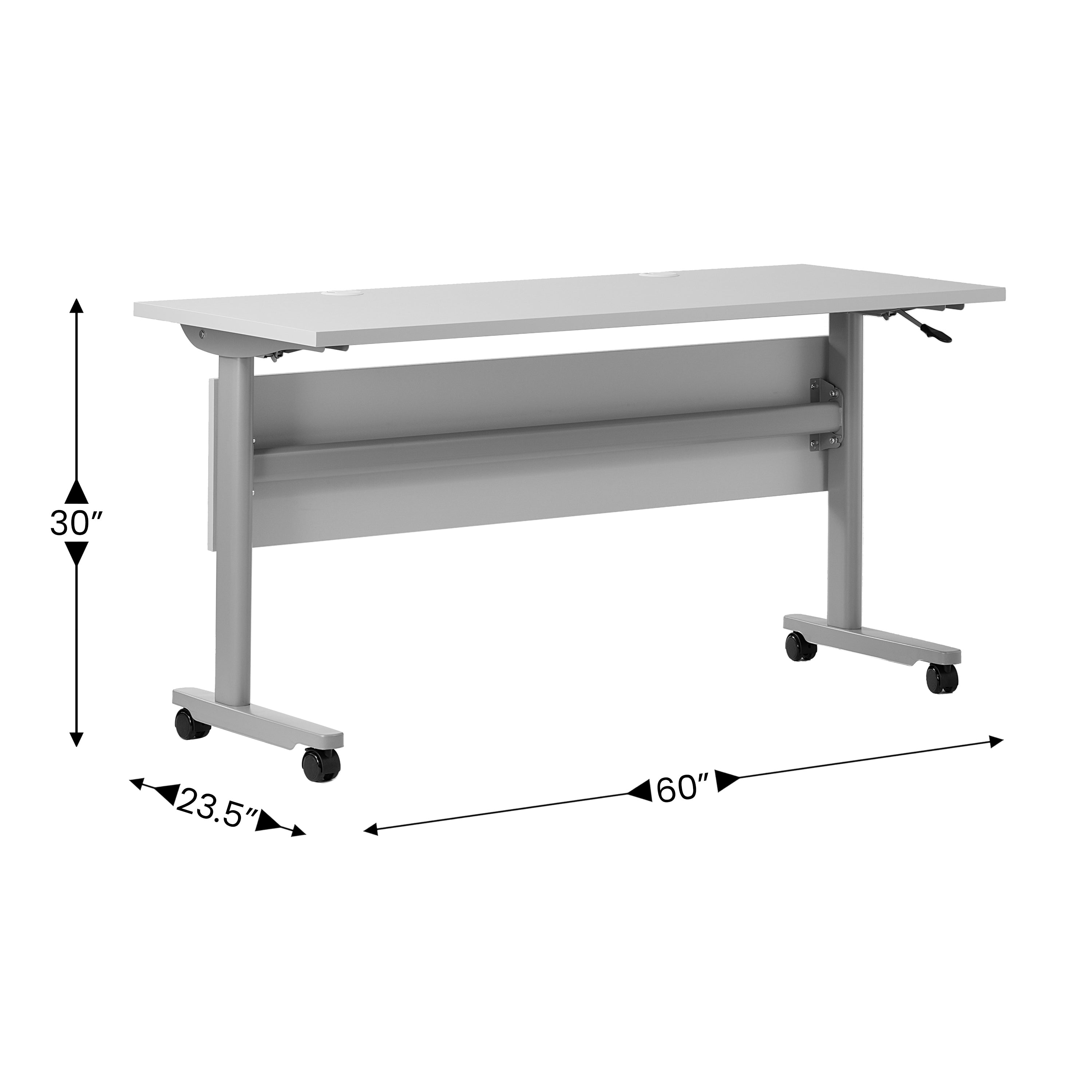 Palmer Commercial Grade 60" x 24" Heavy-Duty Nesting Flip Training Table with T-Legs, Modesty Panel, 1" Thick Gray Tabletop, and Gray Steel Frame