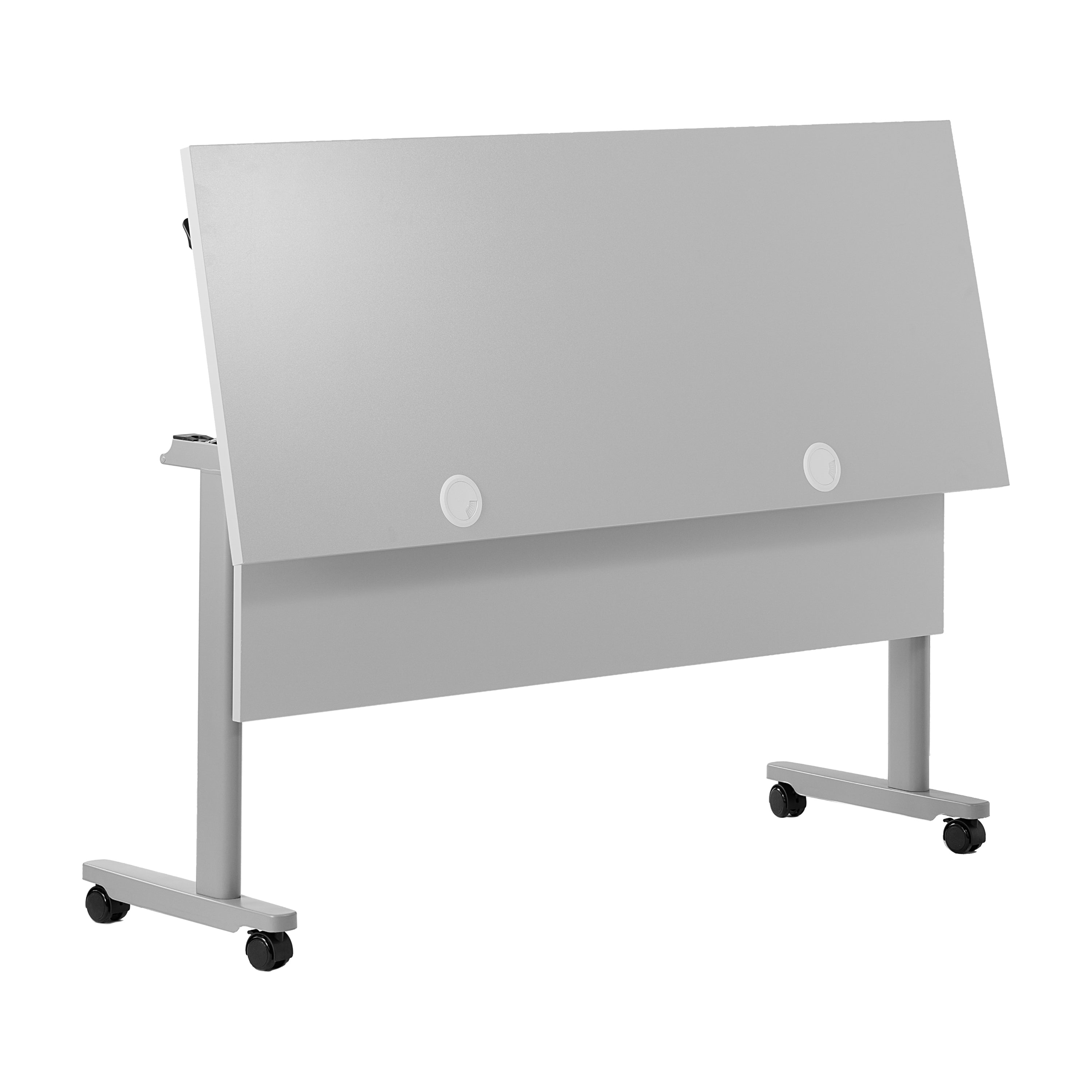 Palmer Commercial Grade 60" x 24" Heavy-Duty Nesting Flip Training Table with T-Legs, Modesty Panel, 1" Thick Gray Tabletop, and Gray Steel Frame