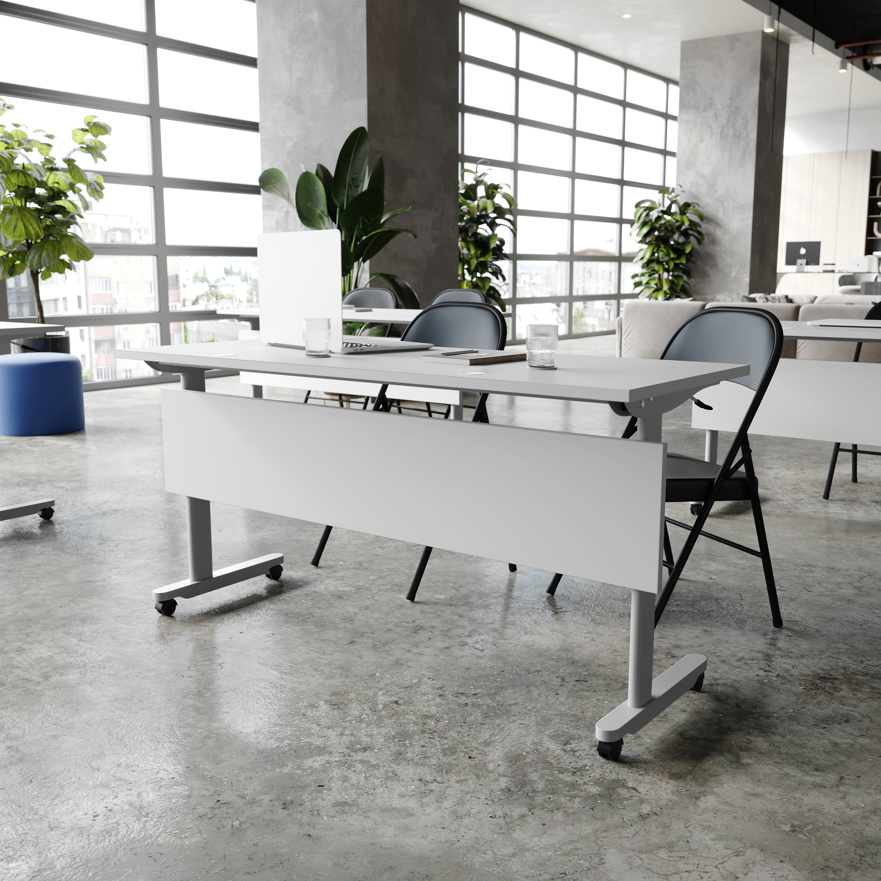 Palmer Commercial Grade 60" x 24" Heavy-Duty Nesting Flip Training Table with T-Legs, Modesty Panel, 1" Thick Gray Tabletop, and Gray Steel Frame