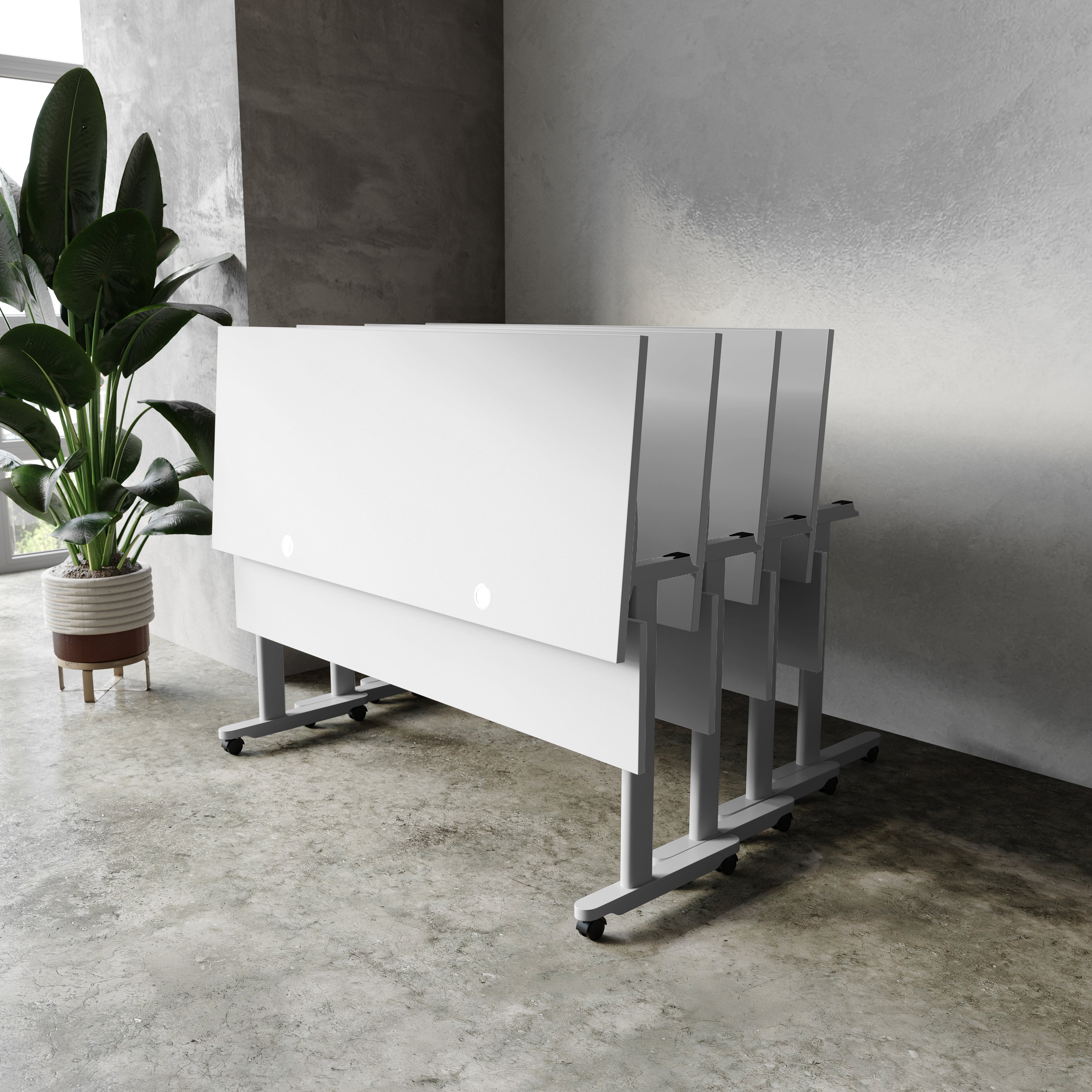 Palmer Commercial Grade 60" x 24" Heavy-Duty Nesting Flip Training Table with T-Legs, Modesty Panel, 1" Thick Gray Tabletop, and Gray Steel Frame
