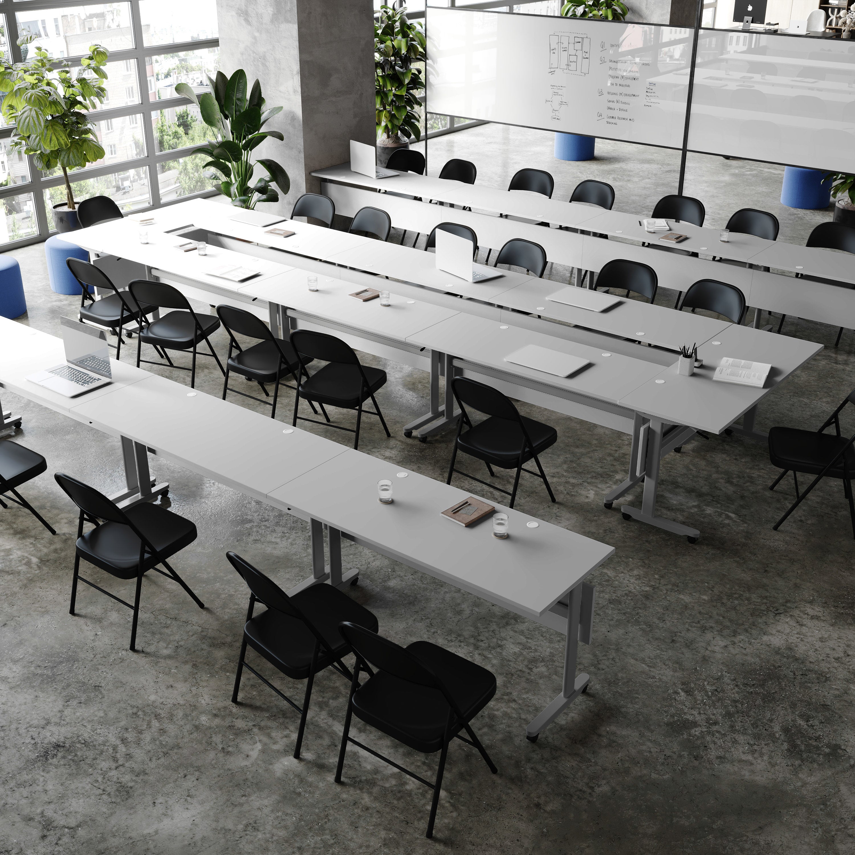Palmer Commercial Grade 60" x 24" Heavy-Duty Nesting Flip Training Table with T-Legs, Modesty Panel, 1" Thick Gray Tabletop, and Gray Steel Frame