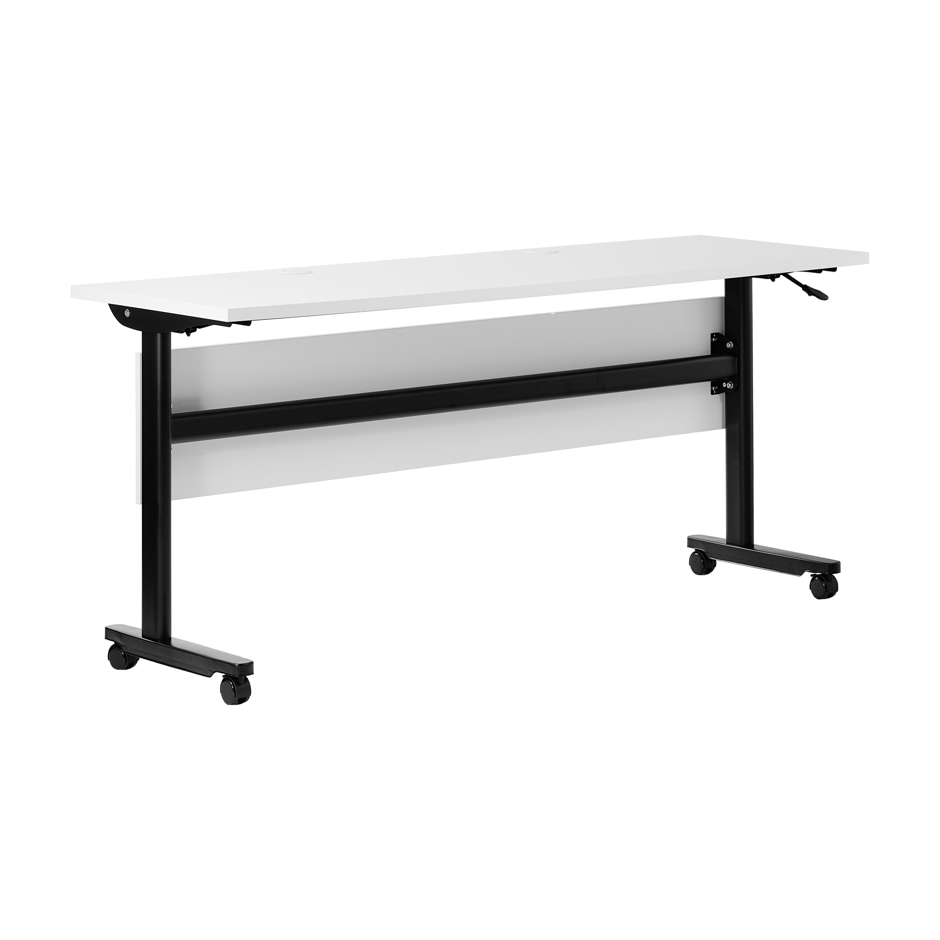Palmer Commercial Grade 60" x 24" Heavy-Duty Nesting Flip Training Table with T-Legs, Modesty Panel, 1" Thick White Tabletop, and Black Steel Frame