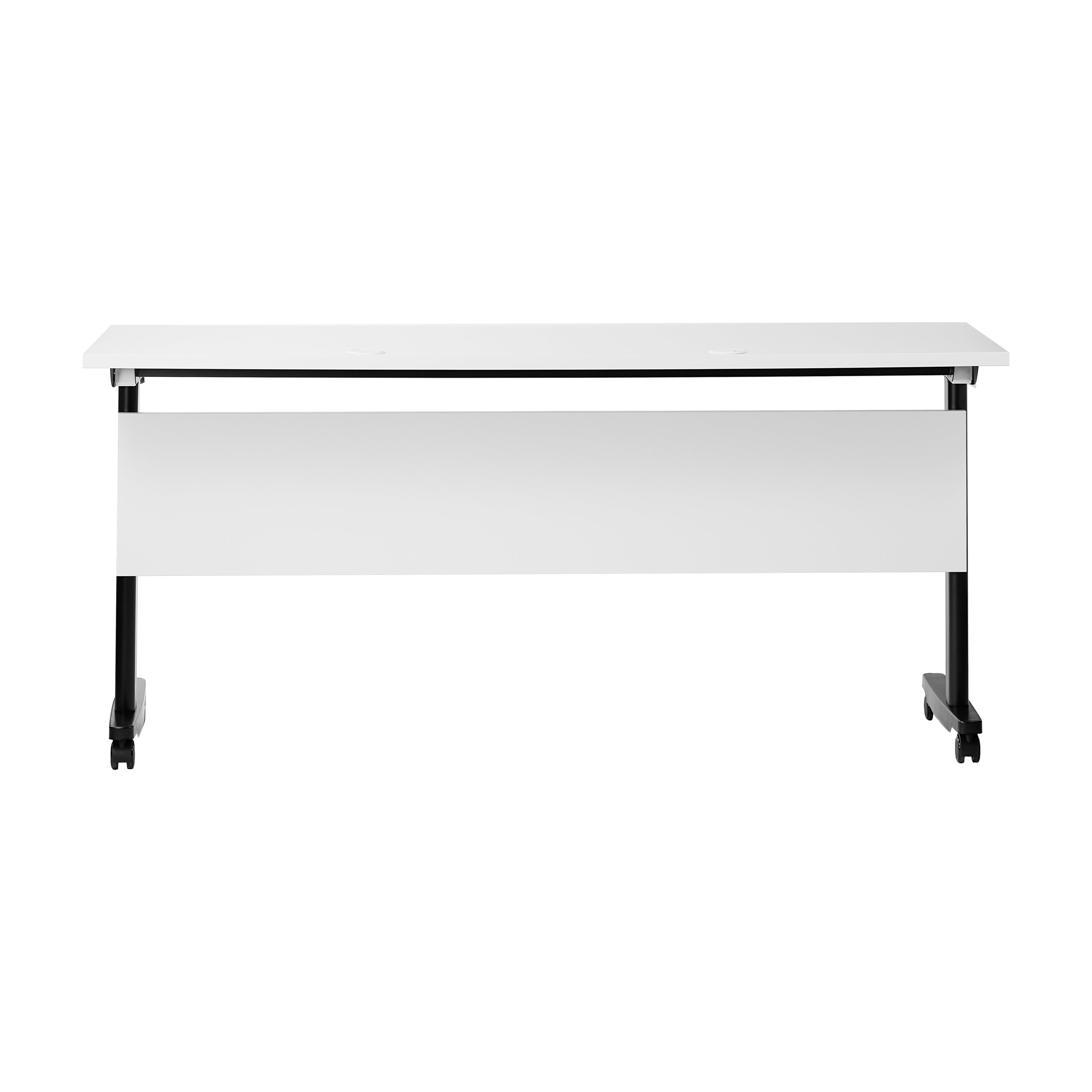 Palmer Commercial Grade 60" x 24" Heavy-Duty Nesting Flip Training Table with T-Legs, Modesty Panel, 1" Thick White Tabletop, and Black Steel Frame