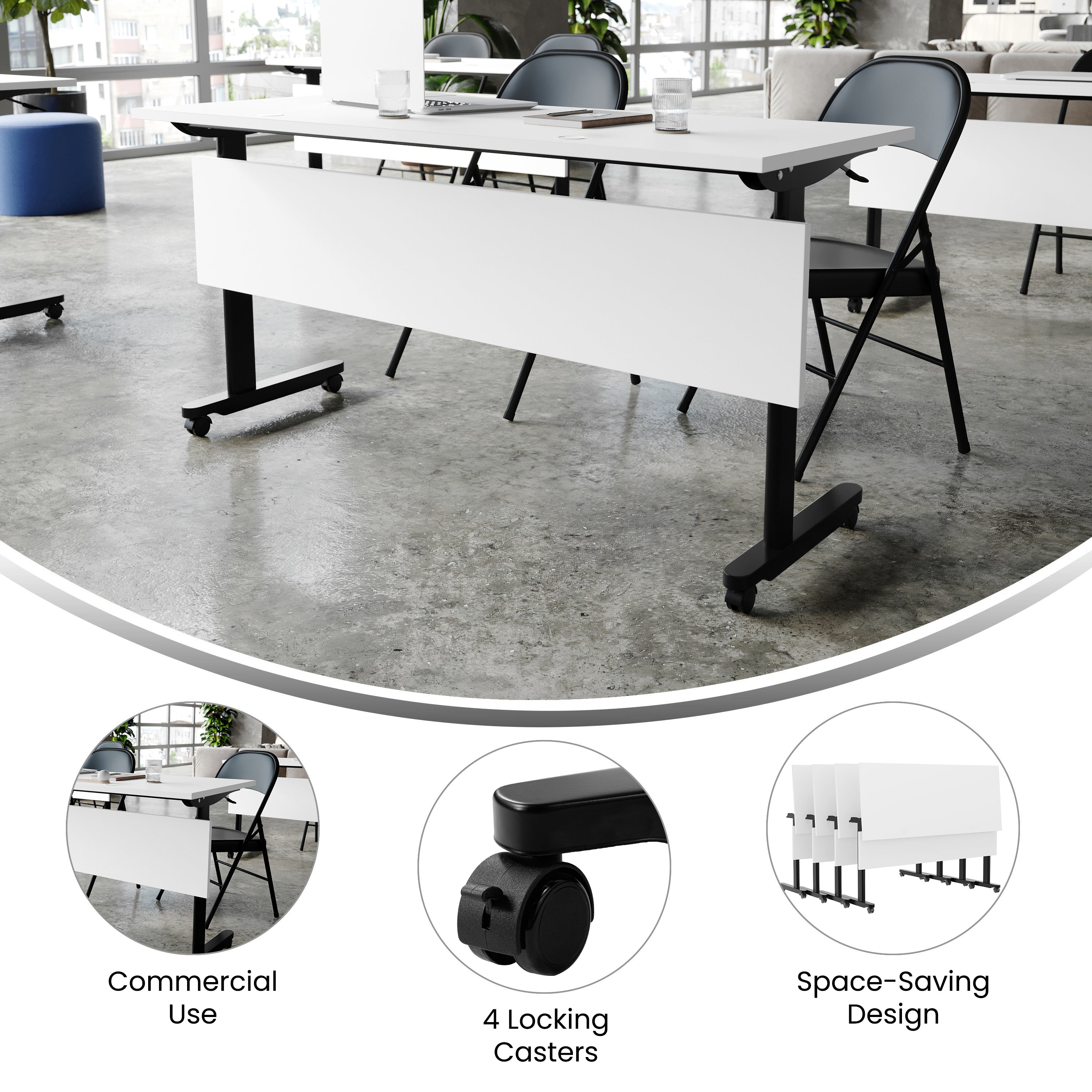Palmer Commercial Grade 60" x 24" Heavy-Duty Nesting Flip Training Table with T-Legs, Modesty Panel, 1" Thick White Tabletop, and Black Steel Frame