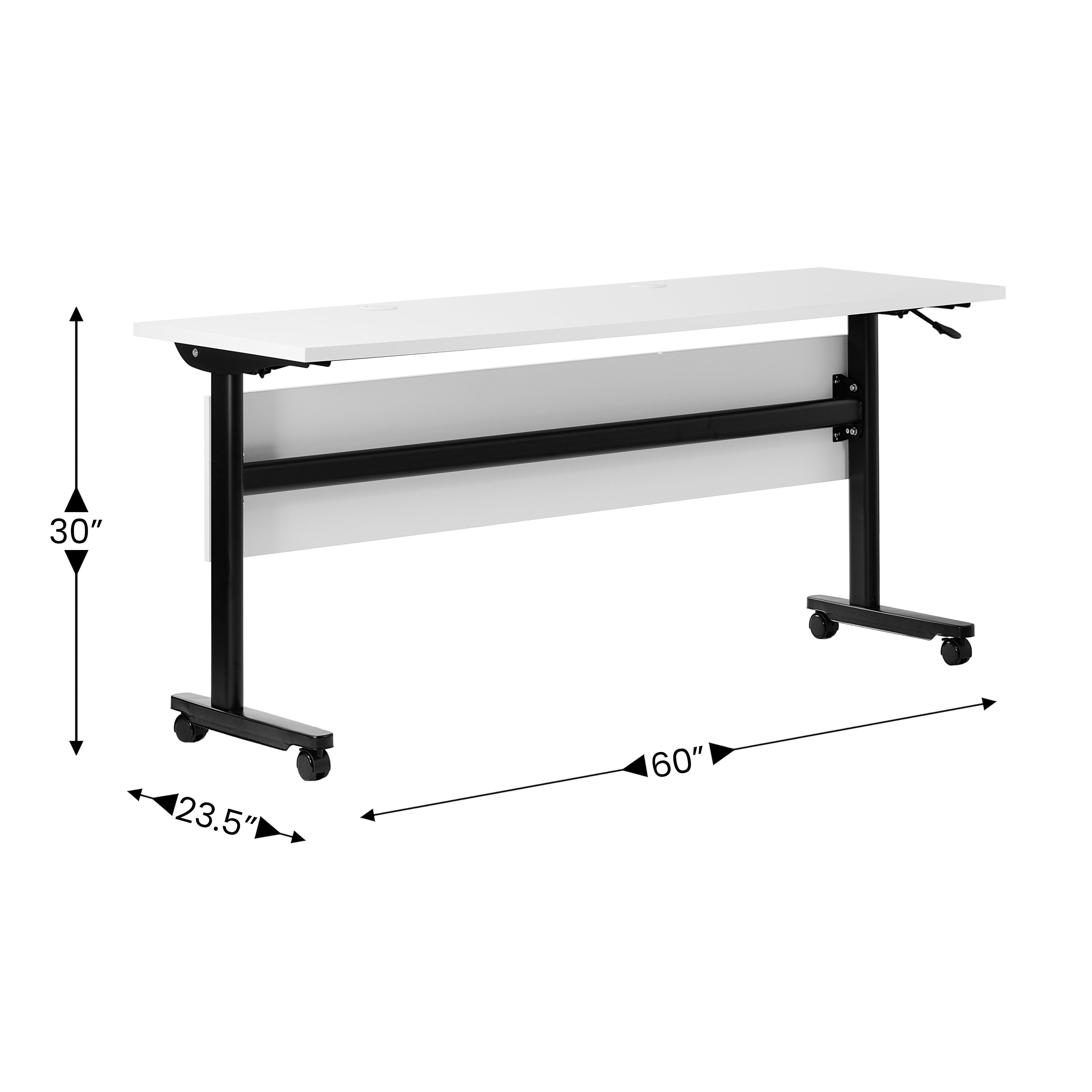 Palmer Commercial Grade 60" x 24" Heavy-Duty Nesting Flip Training Table with T-Legs, Modesty Panel, 1" Thick White Tabletop, and Black Steel Frame