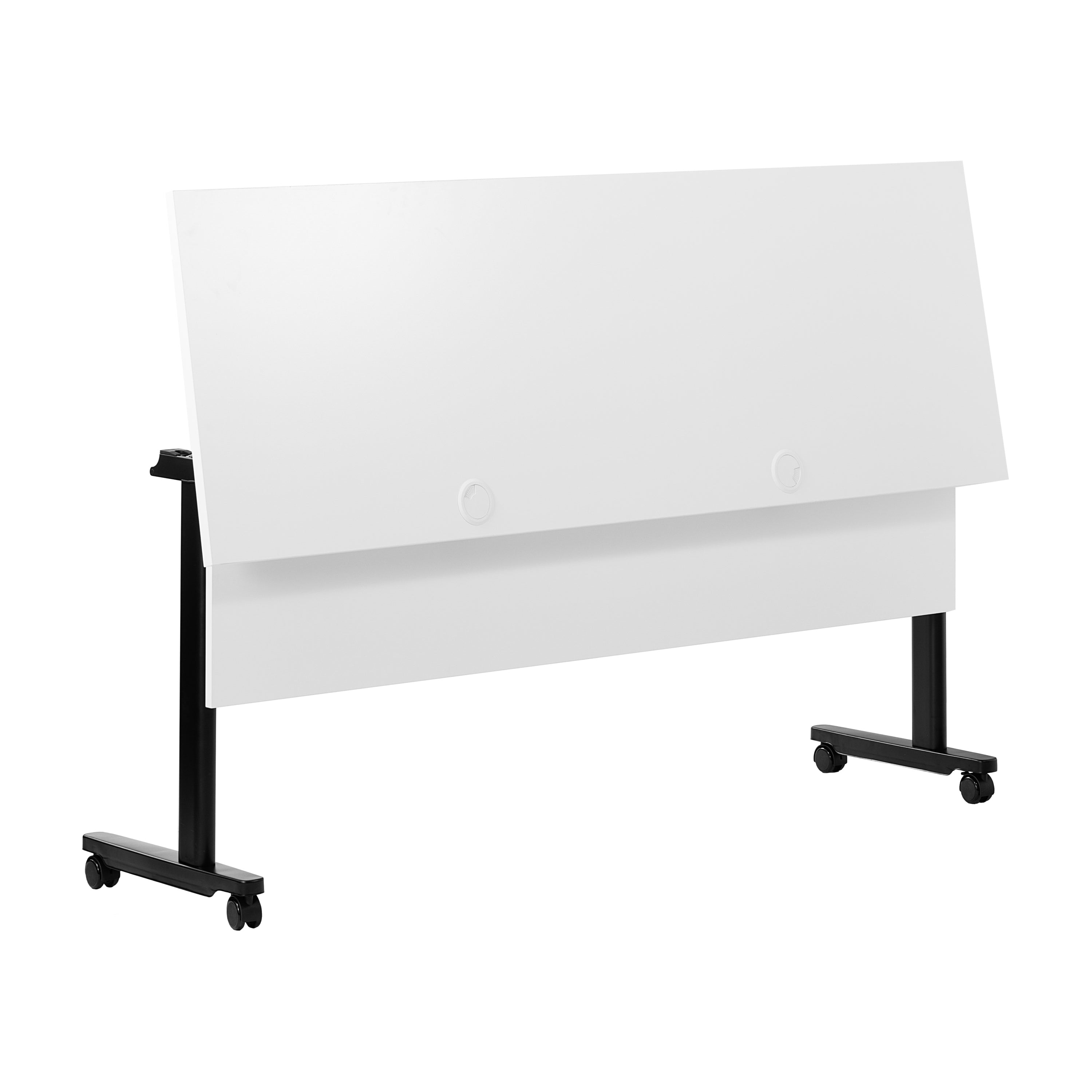 Palmer Commercial Grade 60" x 24" Heavy-Duty Nesting Flip Training Table with T-Legs, Modesty Panel, 1" Thick White Tabletop, and Black Steel Frame