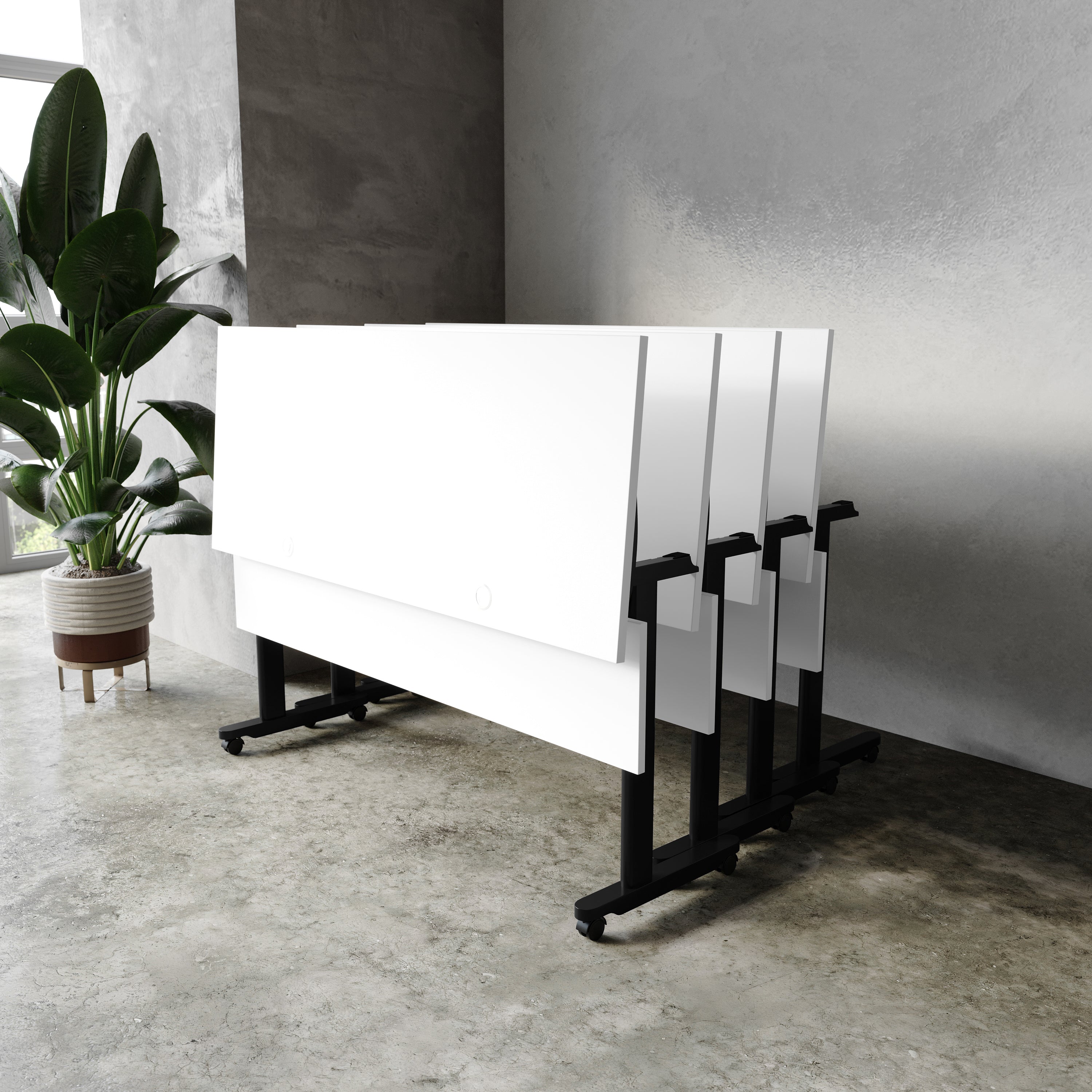 Palmer Commercial Grade 60" x 24" Heavy-Duty Nesting Flip Training Table with T-Legs, Modesty Panel, 1" Thick White Tabletop, and Black Steel Frame