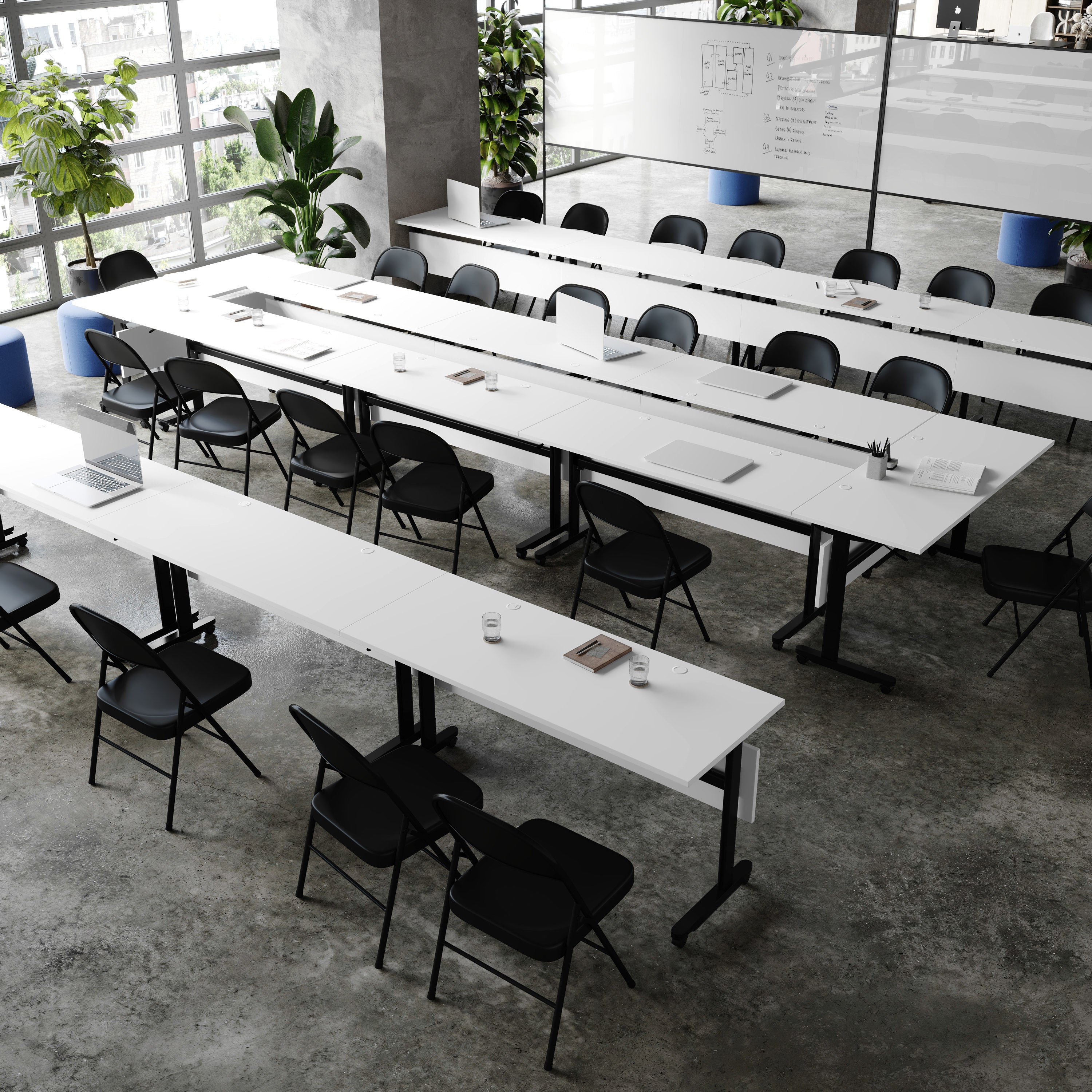 Palmer Commercial Grade 60" x 24" Heavy-Duty Nesting Flip Training Table with T-Legs, Modesty Panel, 1" Thick White Tabletop, and Black Steel Frame