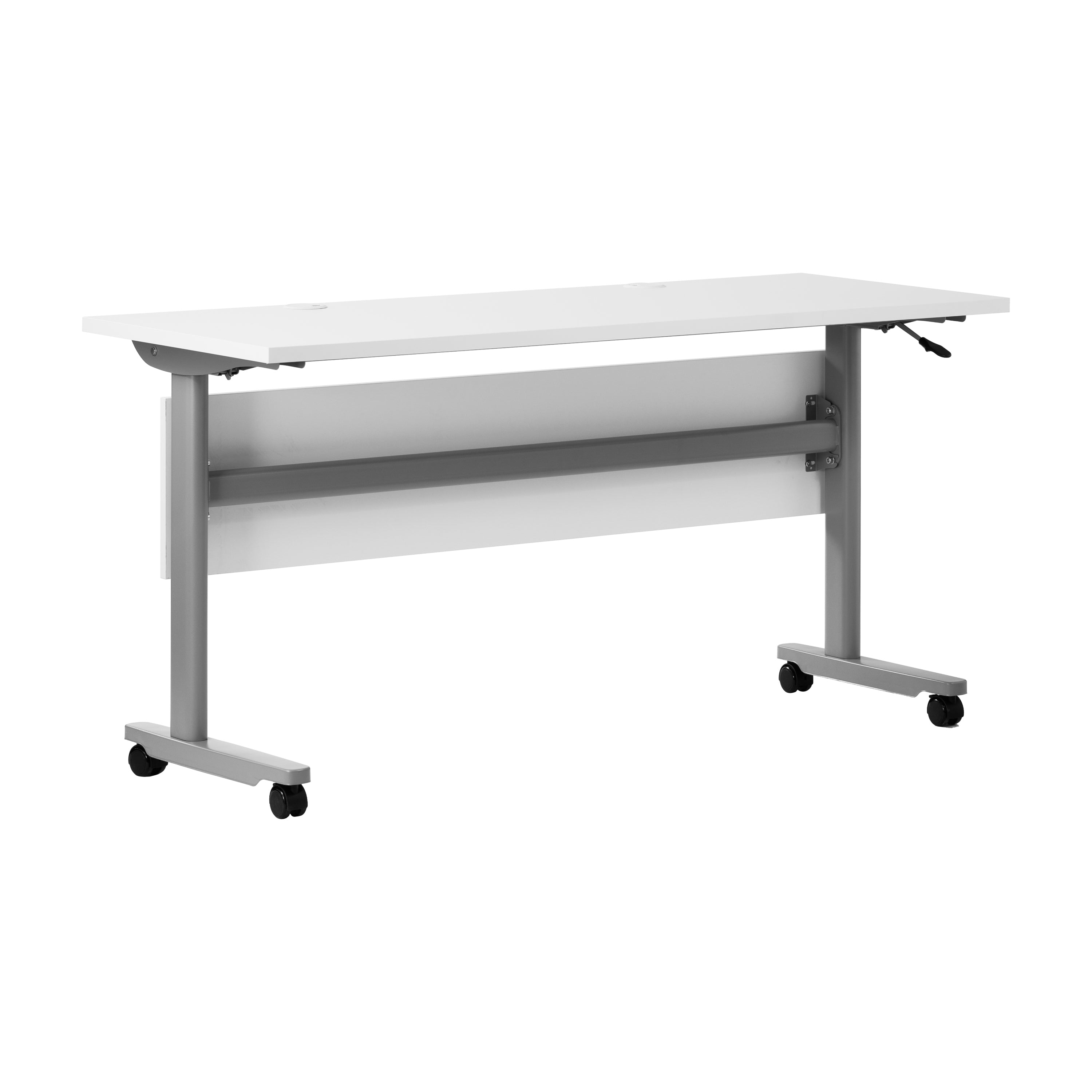 Palmer Commercial Grade 60" x 24" Heavy-Duty Nesting Flip Training Table with T-Legs, Modesty Panel, 1" Thick White Tabletop, and Gray Steel Frame