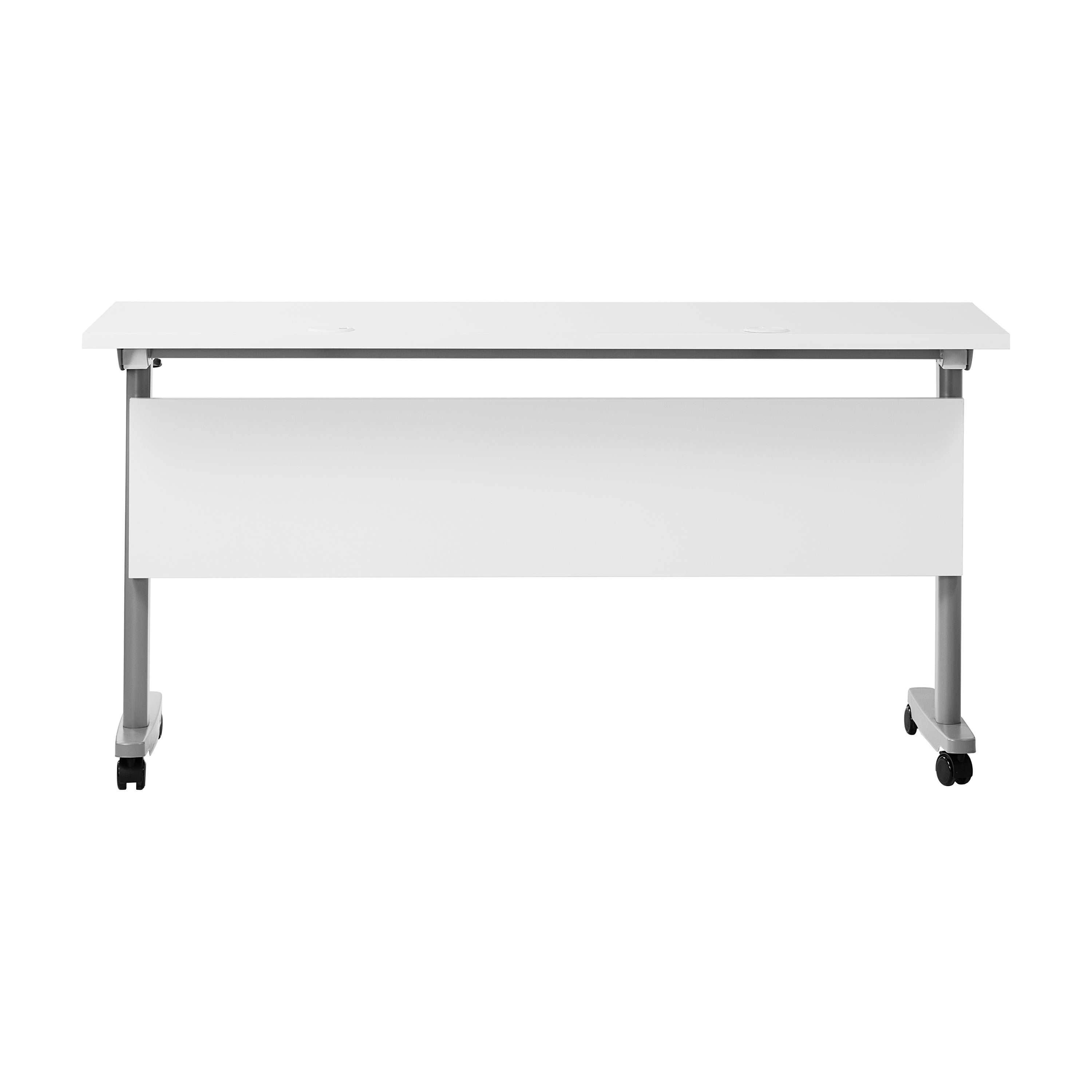 Palmer Commercial Grade 60" x 24" Heavy-Duty Nesting Flip Training Table with T-Legs, Modesty Panel, 1" Thick White Tabletop, and Gray Steel Frame