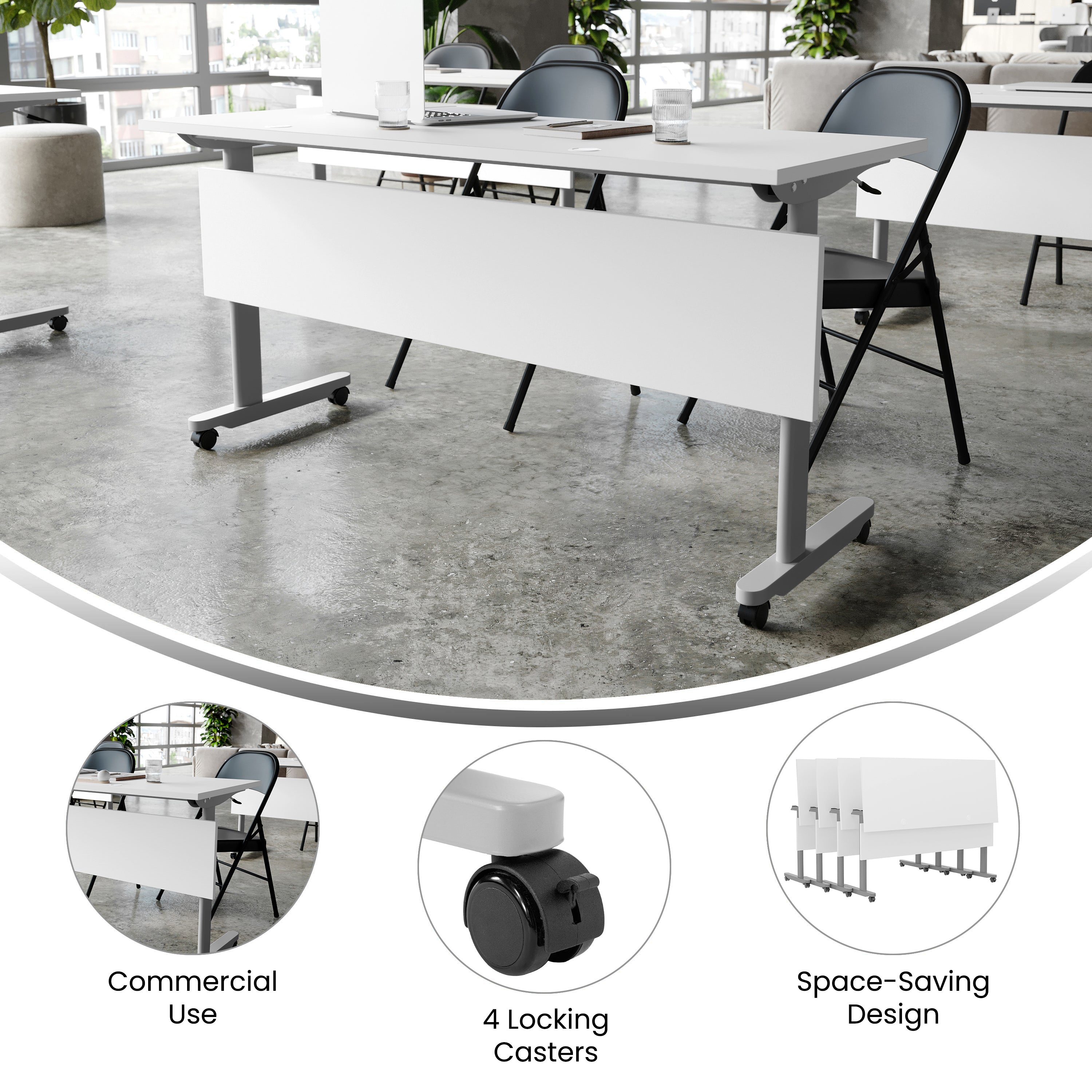 Palmer Commercial Grade 60" x 24" Heavy-Duty Nesting Flip Training Table with T-Legs, Modesty Panel, 1" Thick White Tabletop, and Gray Steel Frame