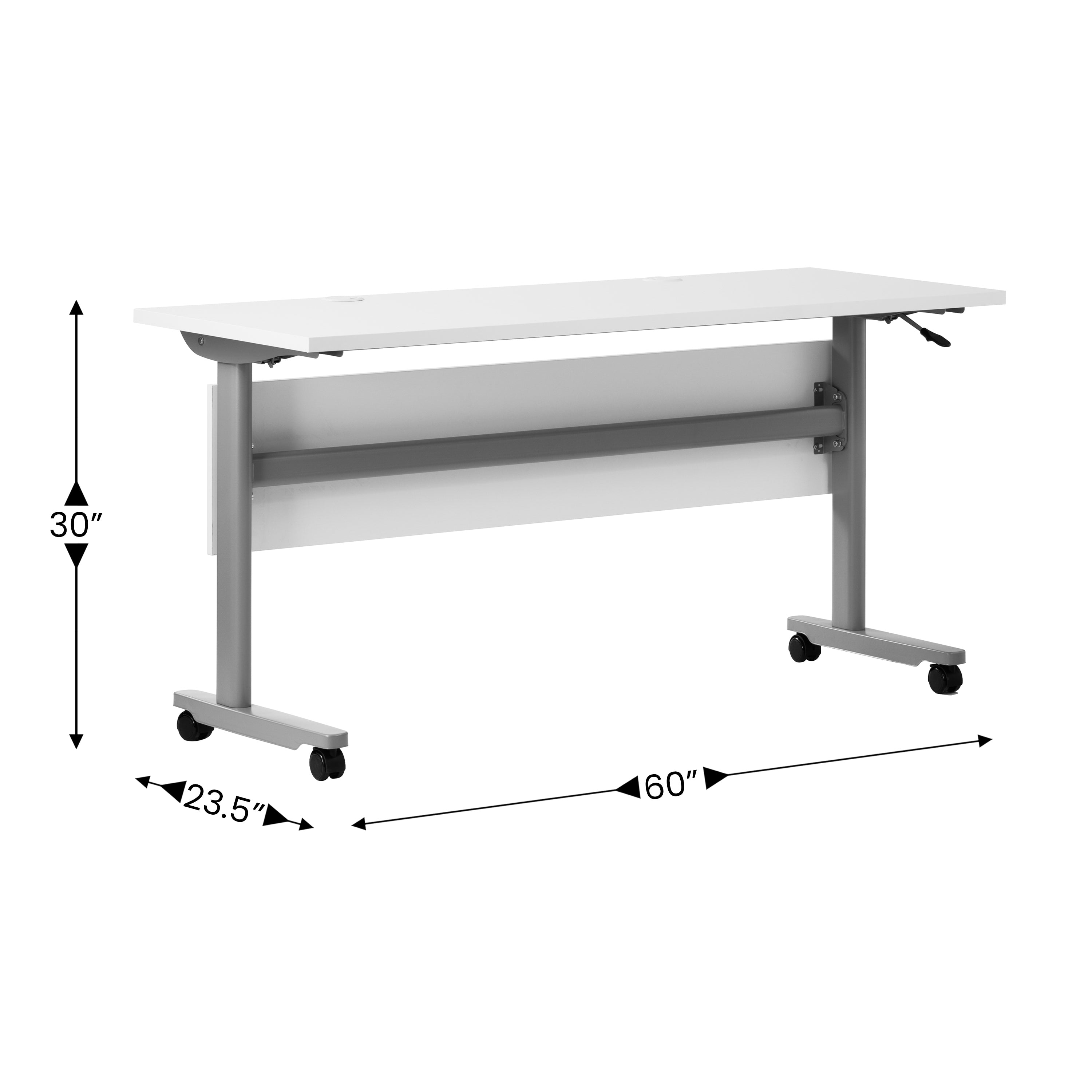 Palmer Commercial Grade 60" x 24" Heavy-Duty Nesting Flip Training Table with T-Legs, Modesty Panel, 1" Thick White Tabletop, and Gray Steel Frame