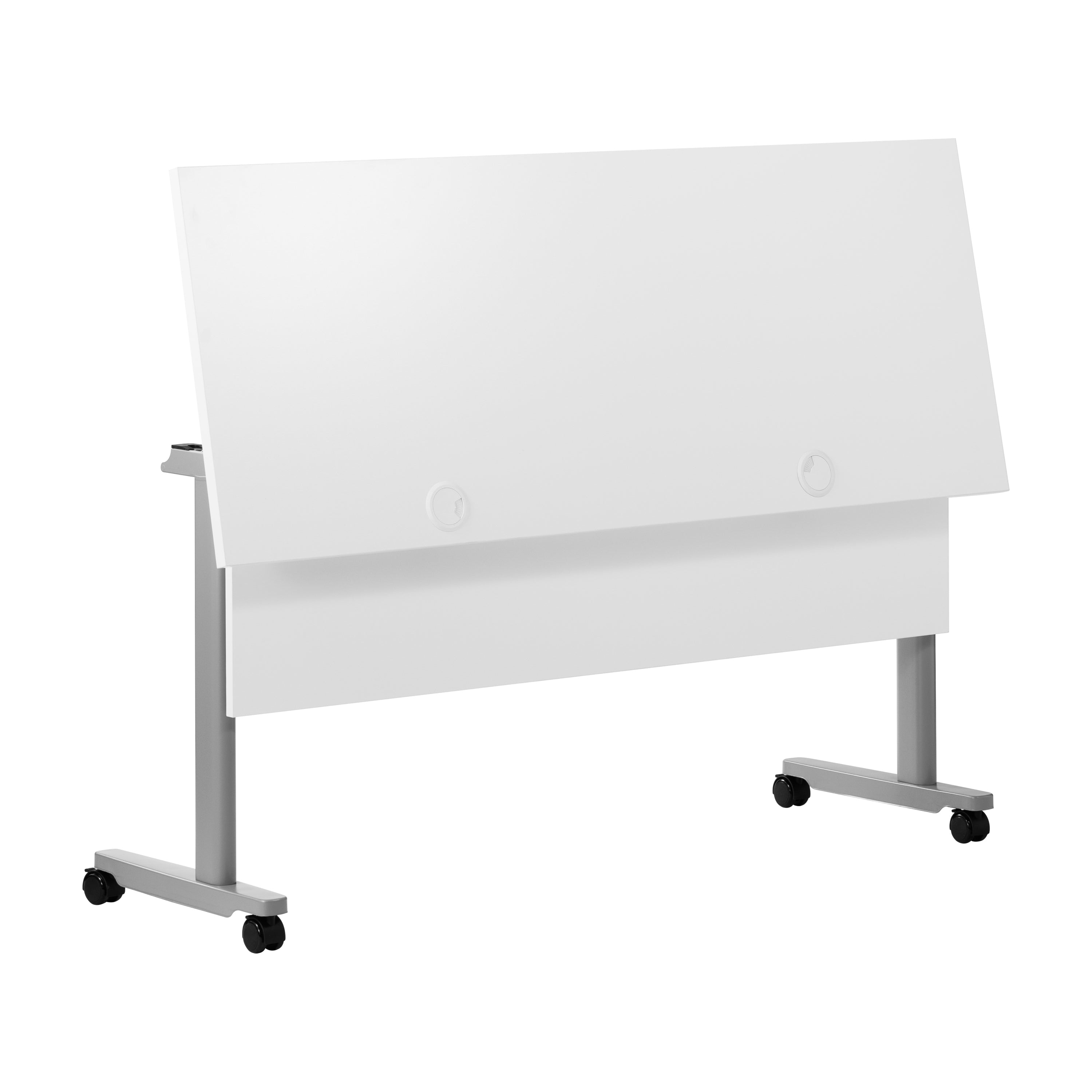 Palmer Commercial Grade 60" x 24" Heavy-Duty Nesting Flip Training Table with T-Legs, Modesty Panel, 1" Thick White Tabletop, and Gray Steel Frame