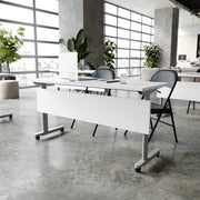 Palmer Commercial Grade 60" x 24" Heavy-Duty Nesting Flip Training Table with T-Legs, Modesty Panel, 1" Thick White Tabletop, and Gray Steel Frame