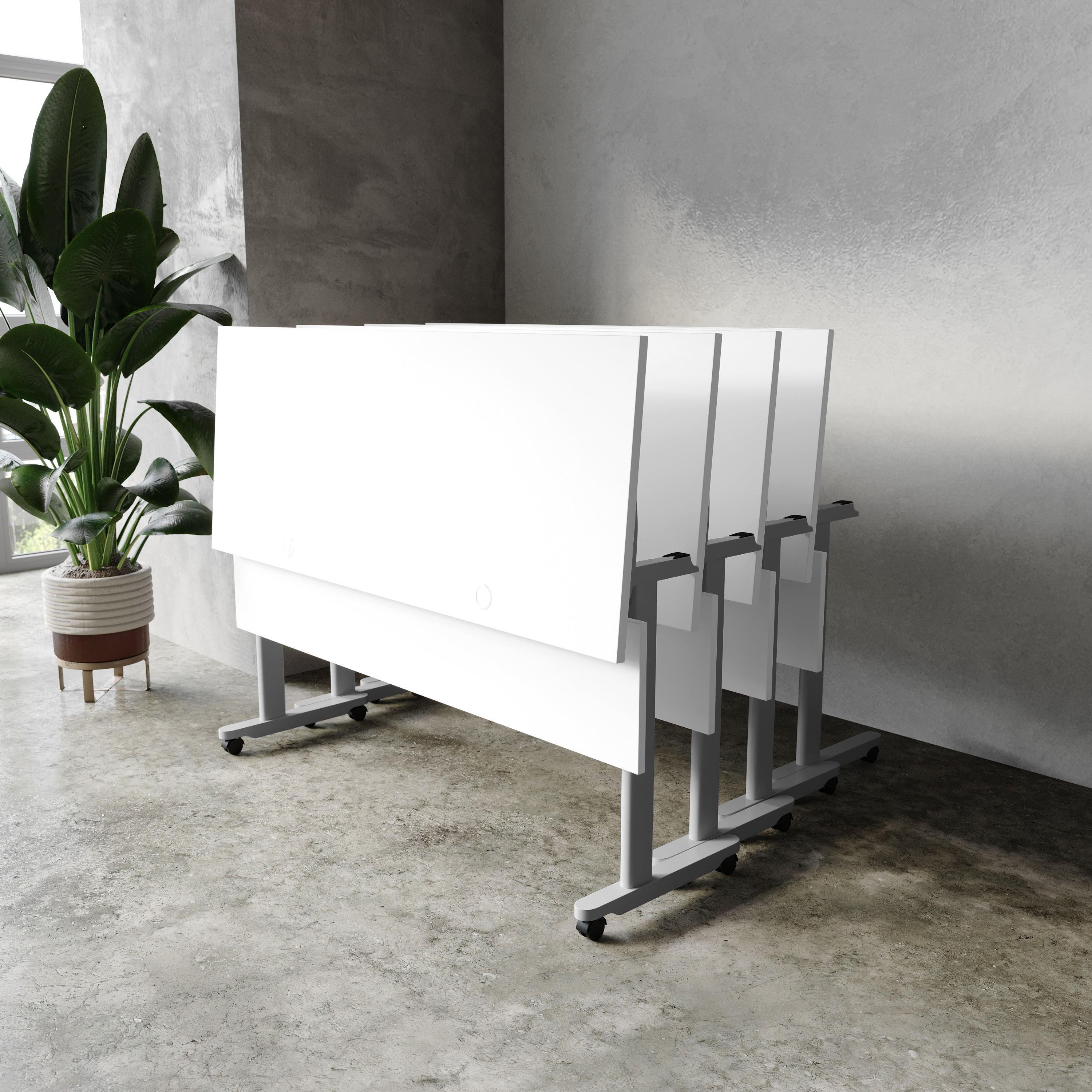 Palmer Commercial Grade 60" x 24" Heavy-Duty Nesting Flip Training Table with T-Legs, Modesty Panel, 1" Thick White Tabletop, and Gray Steel Frame