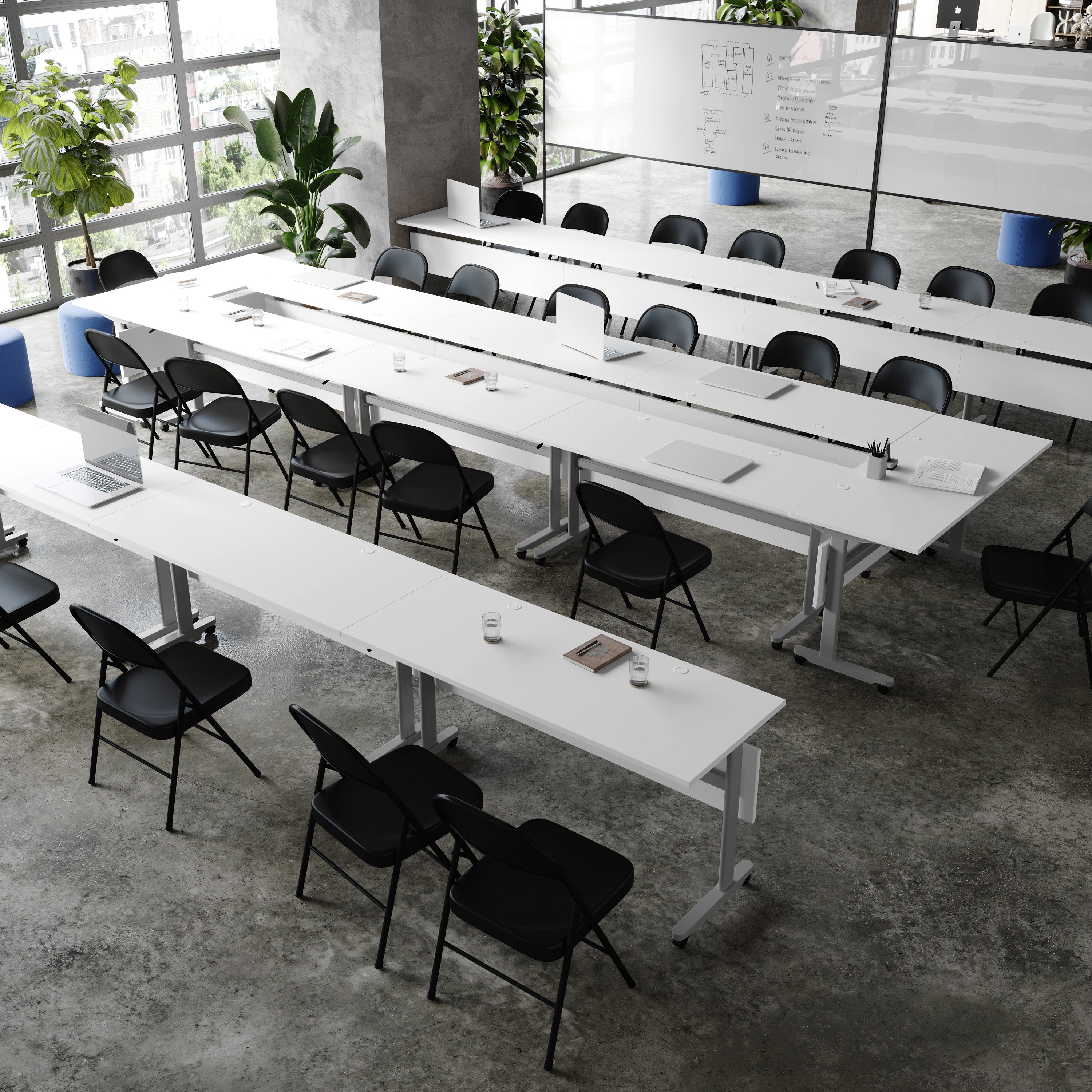 Palmer Commercial Grade 60" x 24" Heavy-Duty Nesting Flip Training Table with T-Legs, Modesty Panel, 1" Thick White Tabletop, and Gray Steel Frame