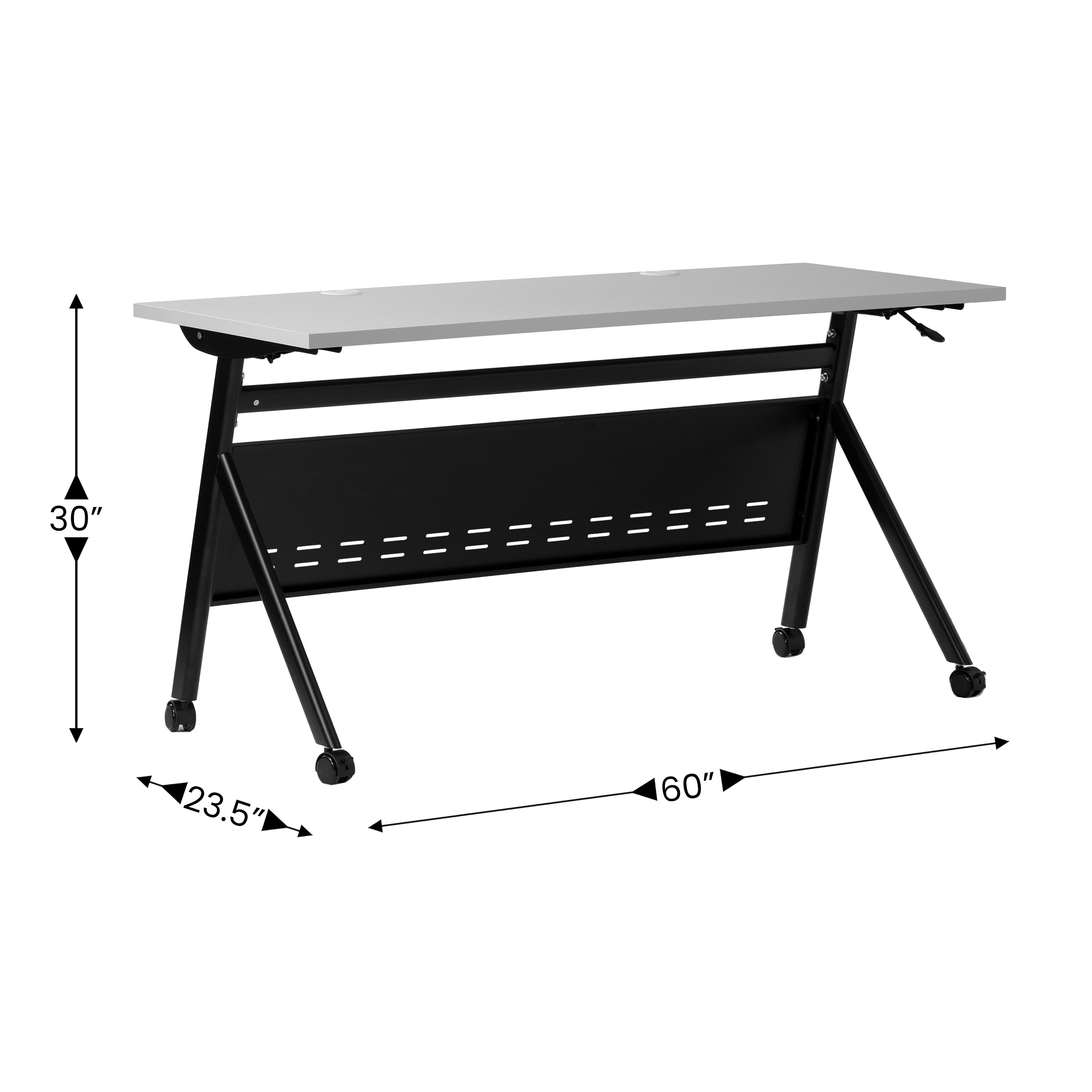 Davis Commercial Grade 60" x 24" Heavy-Duty Nesting Flip Training Table with Y-Legs, Modesty Panel, 1" Thick Gray Tabletop, and Black Steel Frame