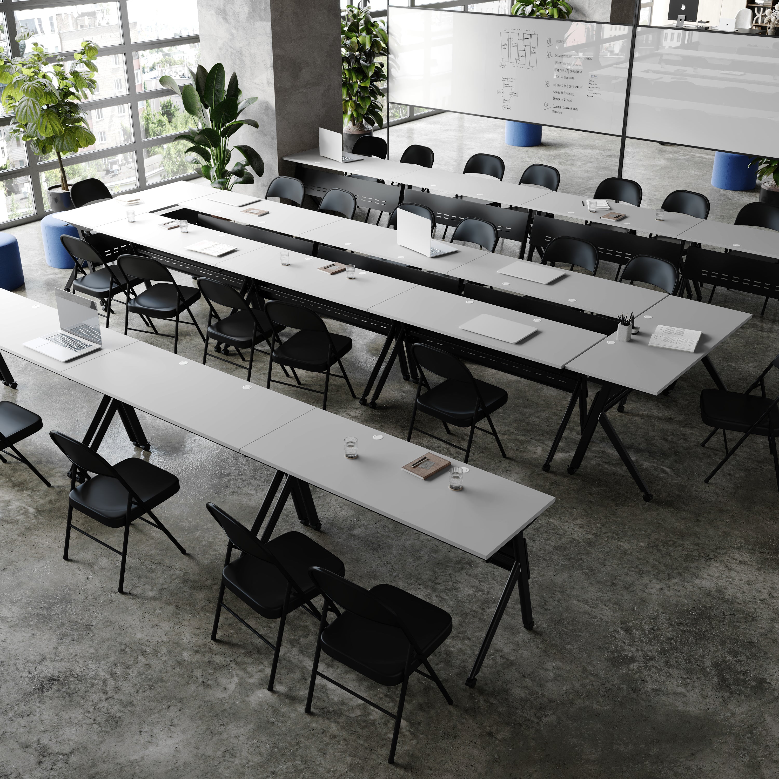 Davis Commercial Grade 60" x 24" Heavy-Duty Nesting Flip Training Table with Y-Legs, Modesty Panel, 1" Thick Gray Tabletop, and Black Steel Frame
