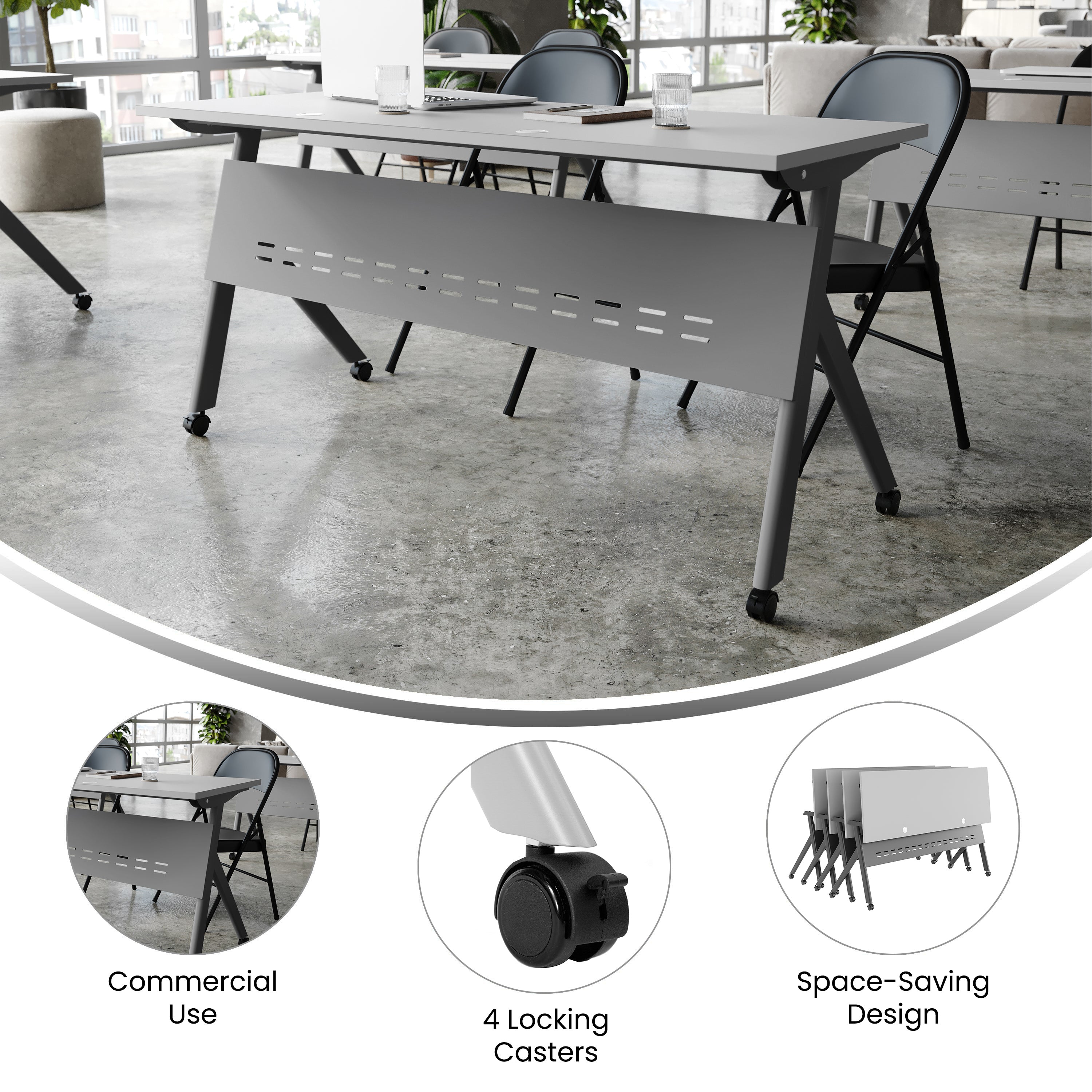 Davis Commercial Grade 60" x 24" Heavy-Duty Nesting Flip Training Table with Y-Legs, Modesty Panel, 1" Thick Gray Tabletop, and Gray Steel Frame