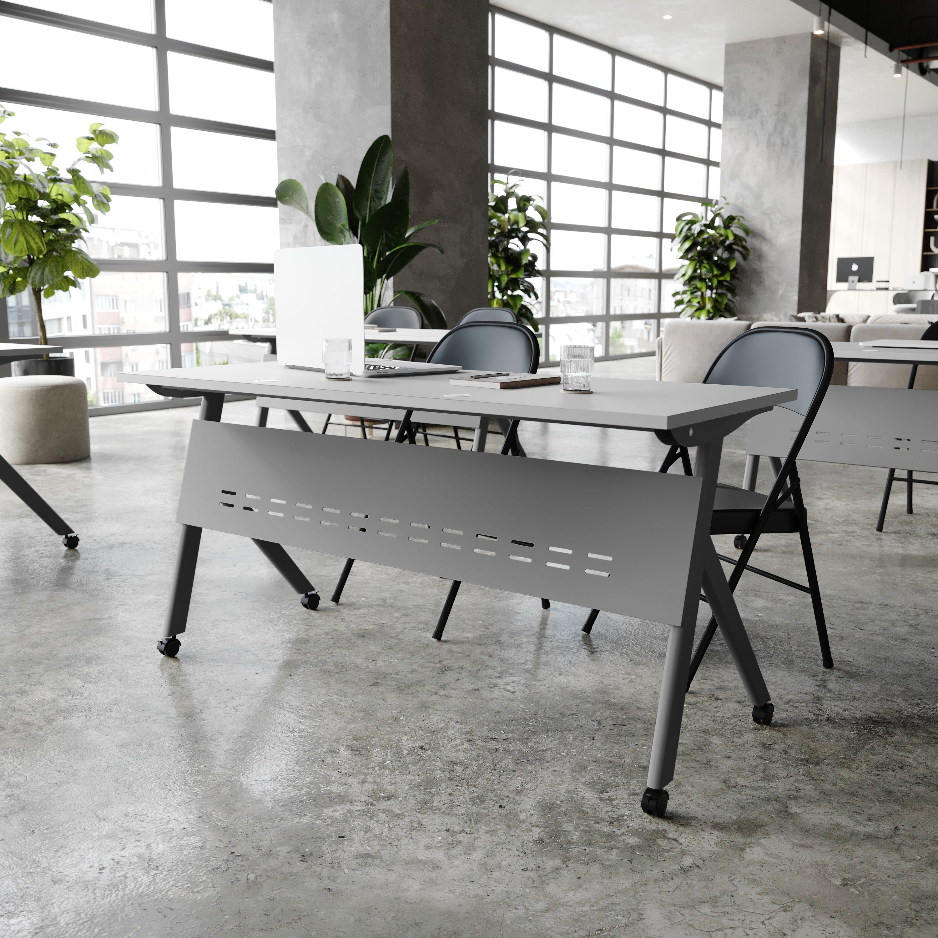 Davis Commercial Grade 60" x 24" Heavy-Duty Nesting Flip Training Table with Y-Legs, Modesty Panel, 1" Thick Gray Tabletop, and Gray Steel Frame