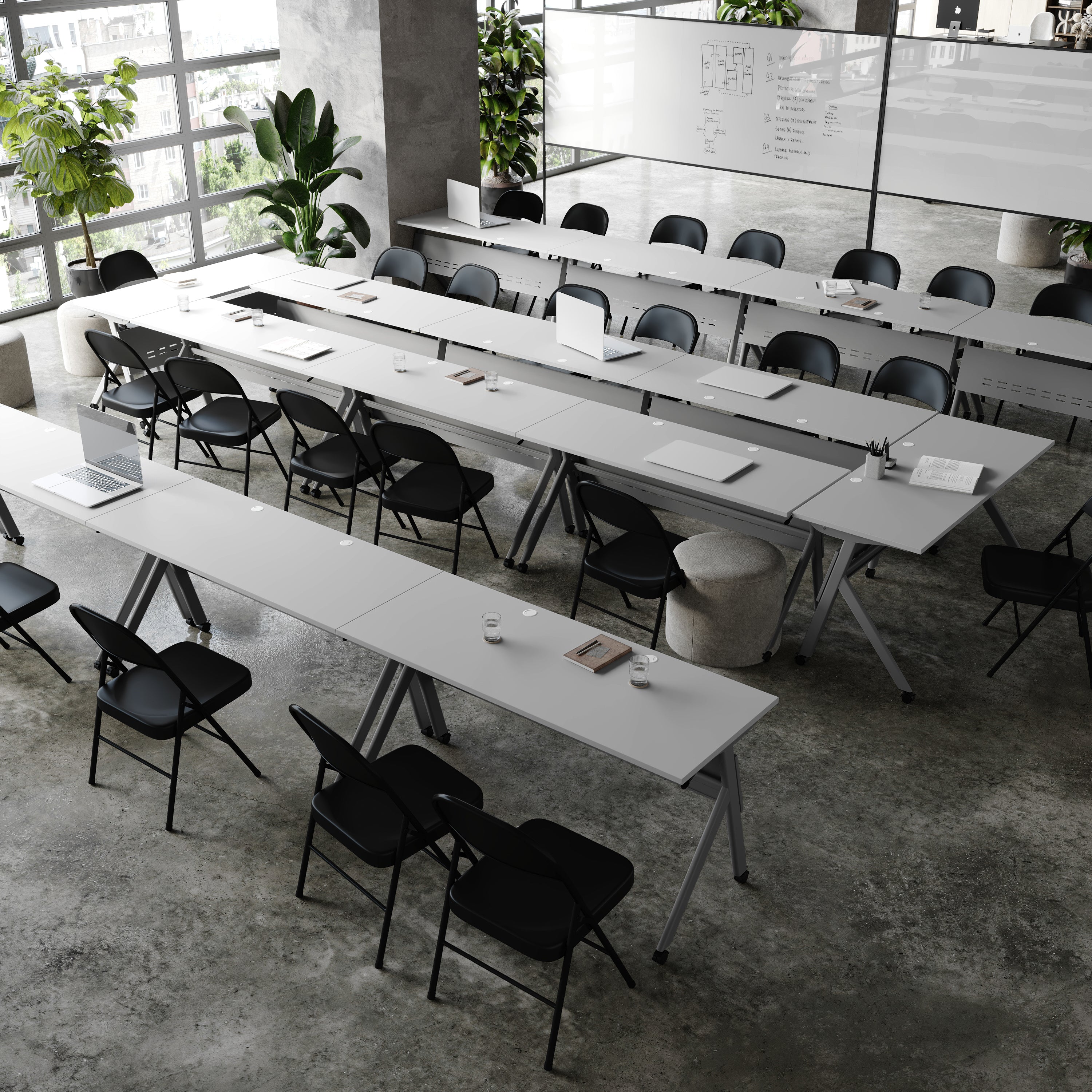 Davis Commercial Grade 60" x 24" Heavy-Duty Nesting Flip Training Table with Y-Legs, Modesty Panel, 1" Thick Gray Tabletop, and Gray Steel Frame