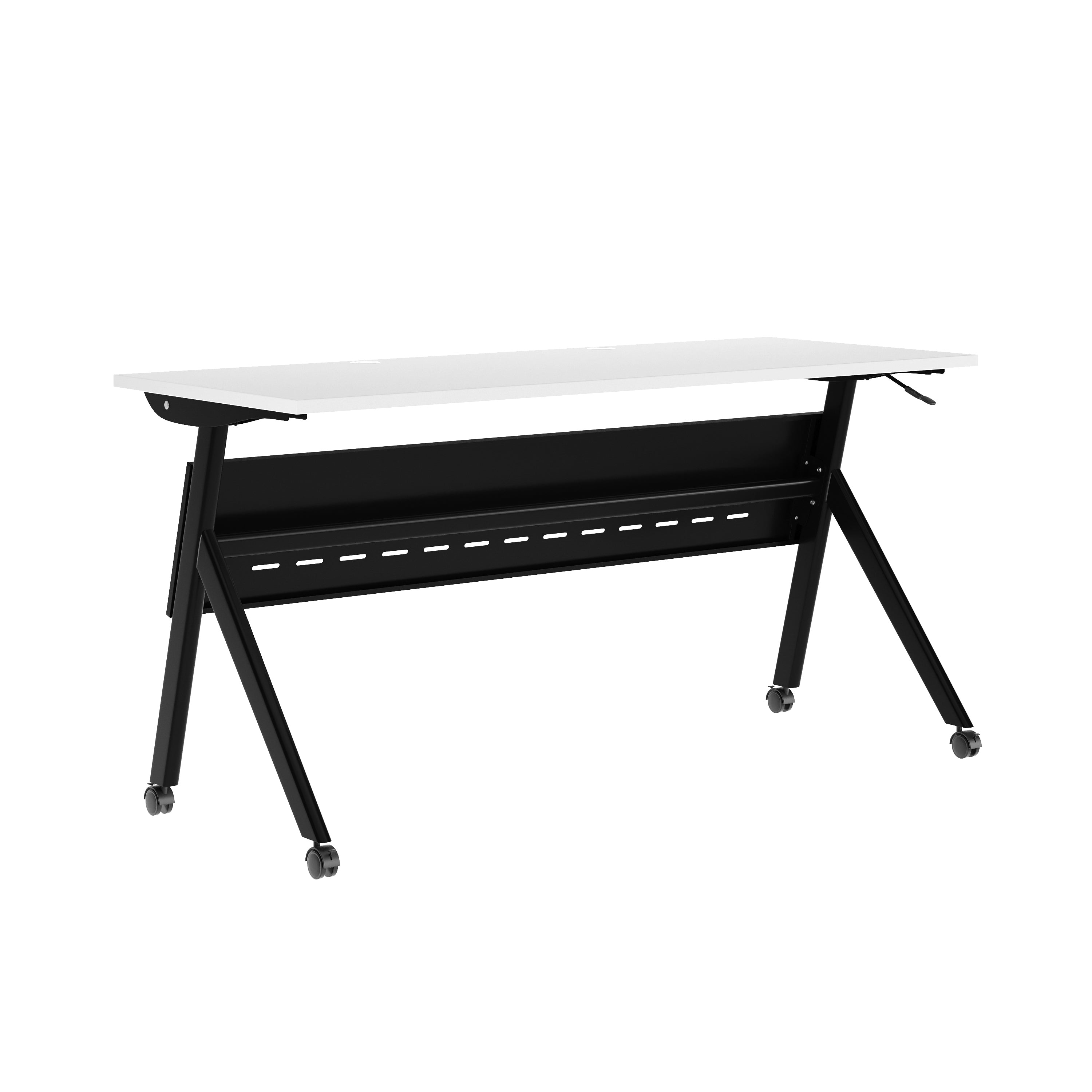 Davis Commercial Grade 60" x 24" Heavy-Duty Nesting Flip Training Table with Y-Legs, Modesty Panel, 1" Thick White Tabletop, and Black Steel Frame