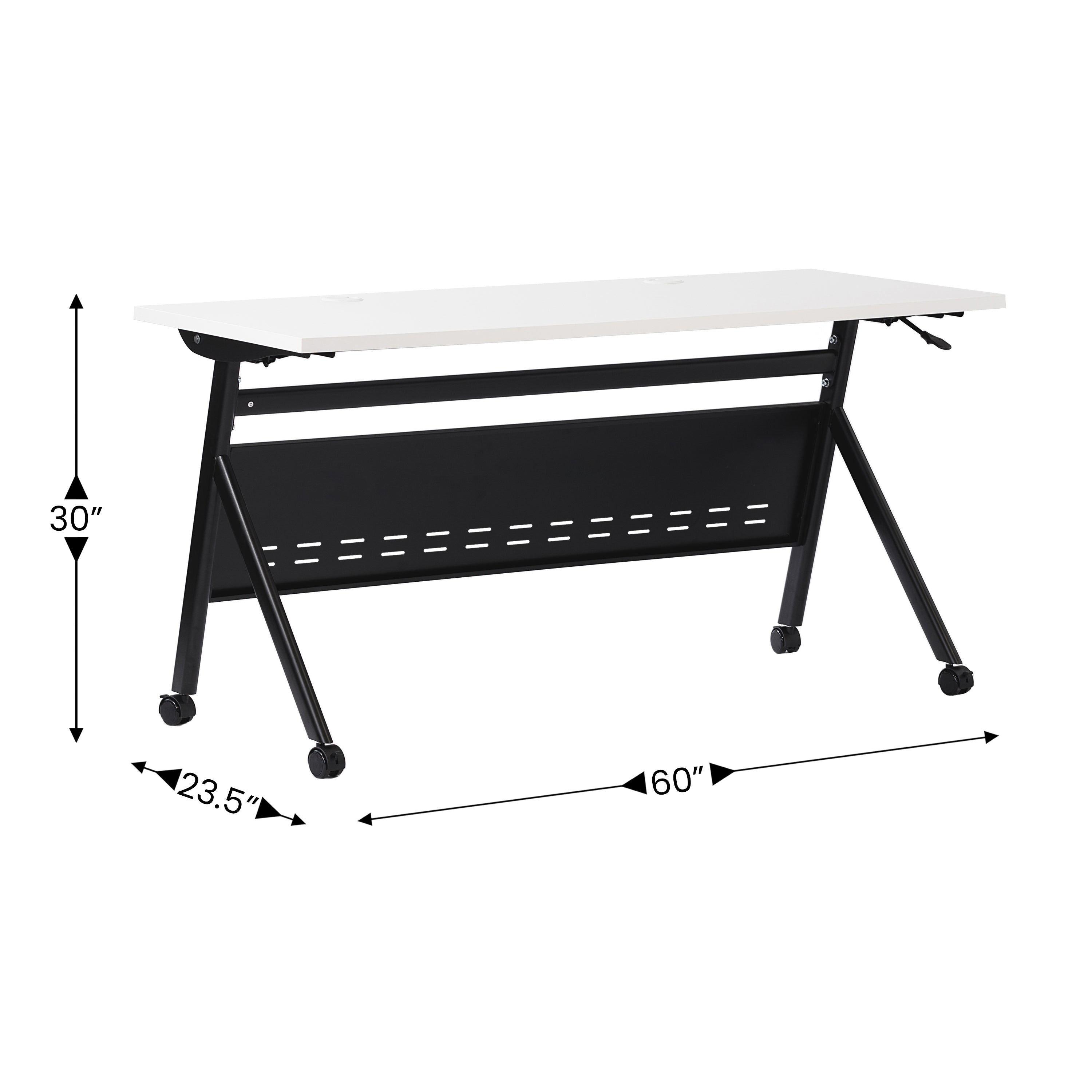 Davis Commercial Grade 60" x 24" Heavy-Duty Nesting Flip Training Table with Y-Legs, Modesty Panel, 1" Thick White Tabletop, and Black Steel Frame