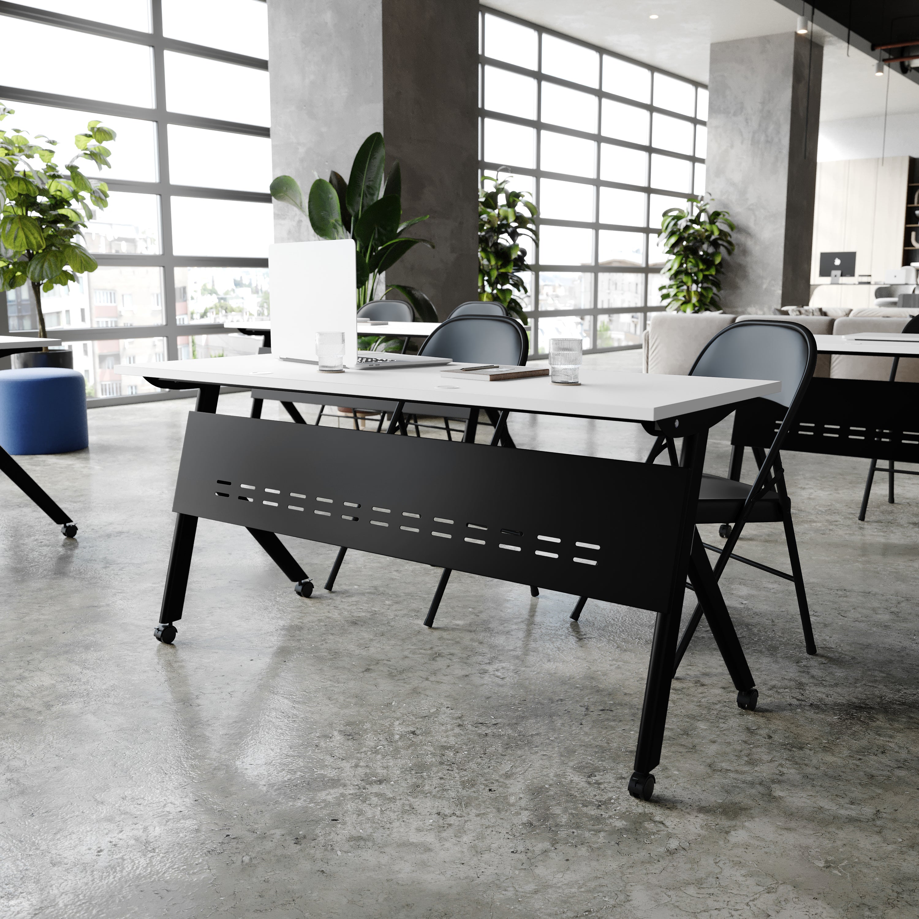 Davis Commercial Grade 60" x 24" Heavy-Duty Nesting Flip Training Table with Y-Legs, Modesty Panel, 1" Thick White Tabletop, and Black Steel Frame