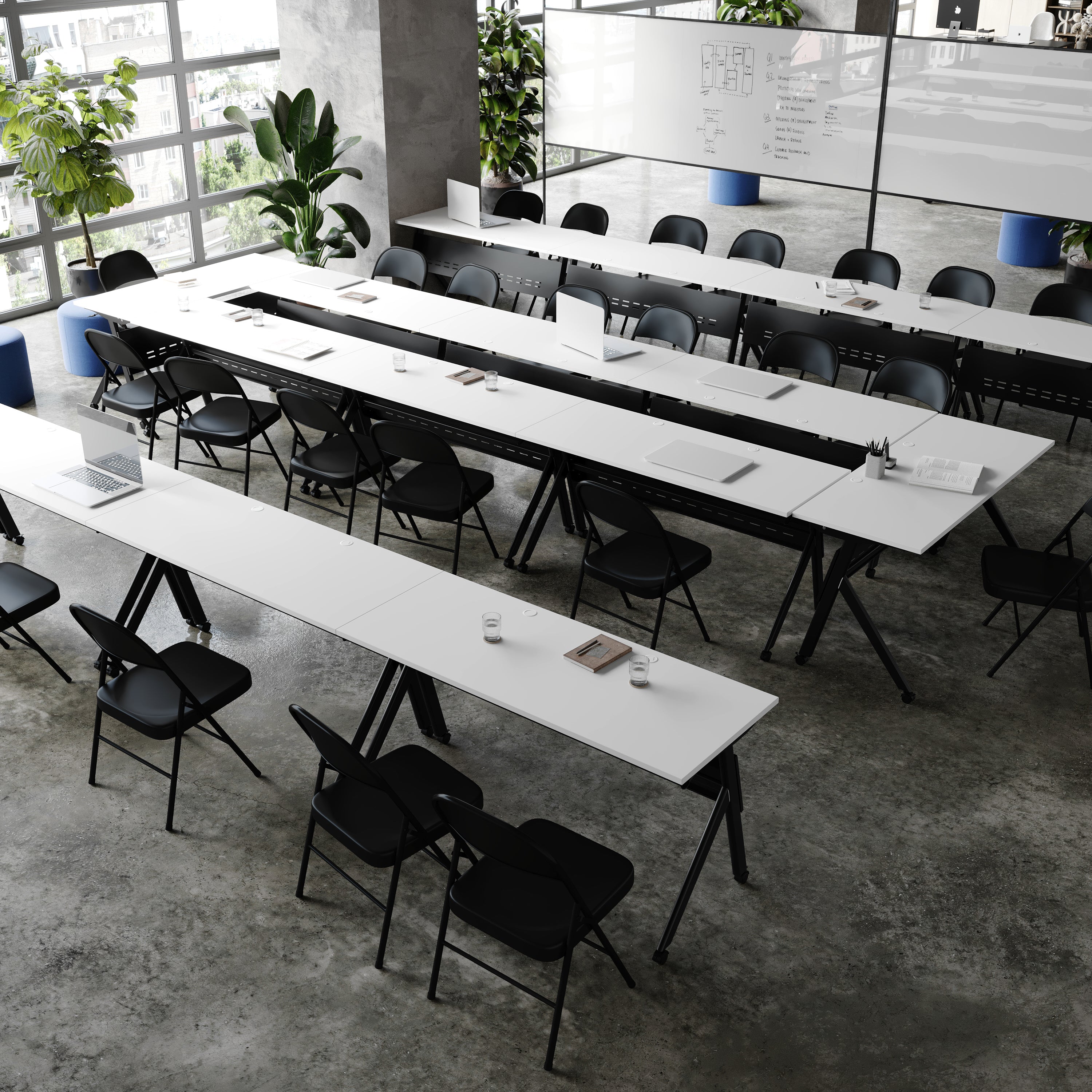 Davis Commercial Grade 60" x 24" Heavy-Duty Nesting Flip Training Table with Y-Legs, Modesty Panel, 1" Thick White Tabletop, and Black Steel Frame