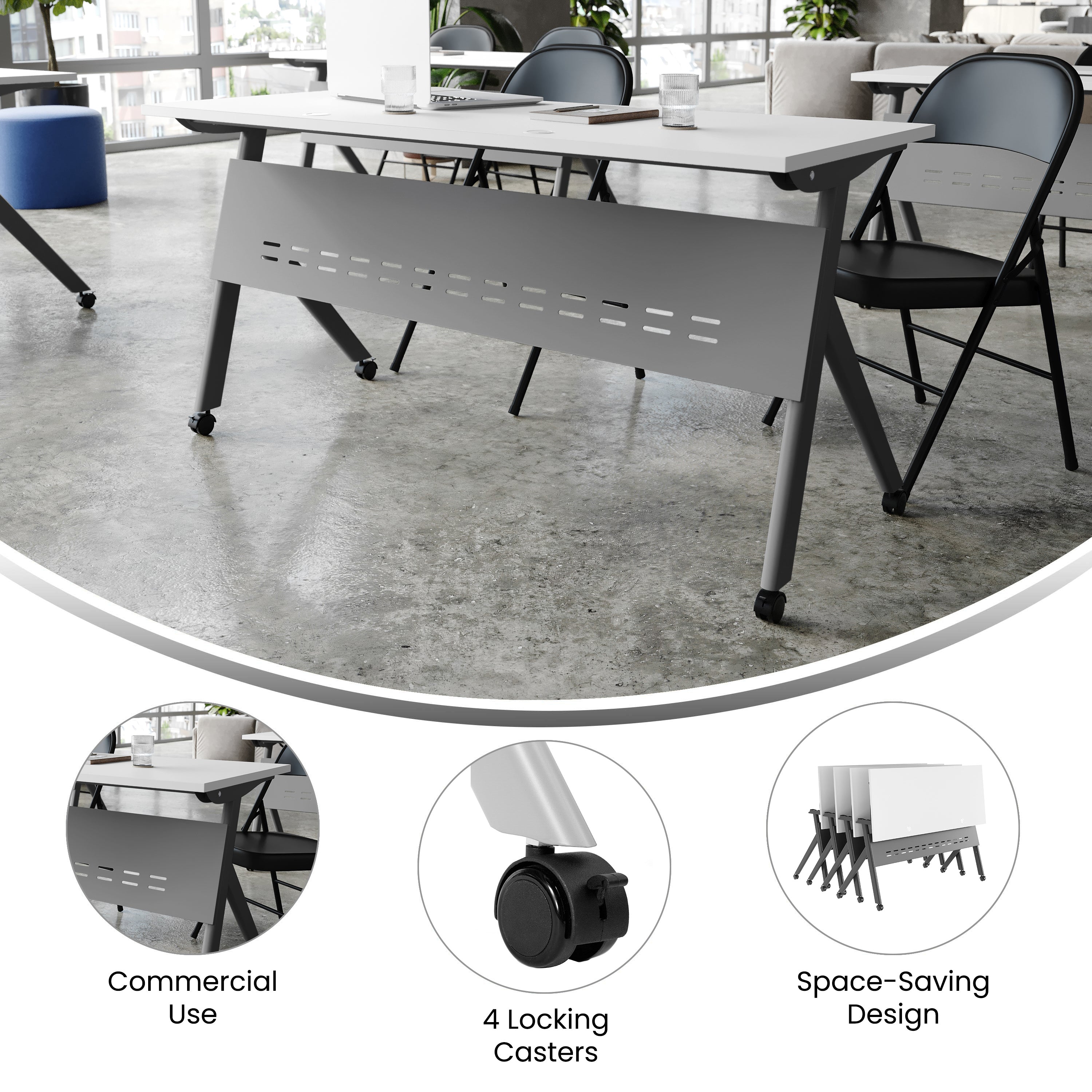 Davis Commercial Grade 60" x 24" Heavy-Duty Nesting Flip Training Table with Y-Legs, Modesty Panel, 1" Thick White Tabletop, and Gray Steel Frame