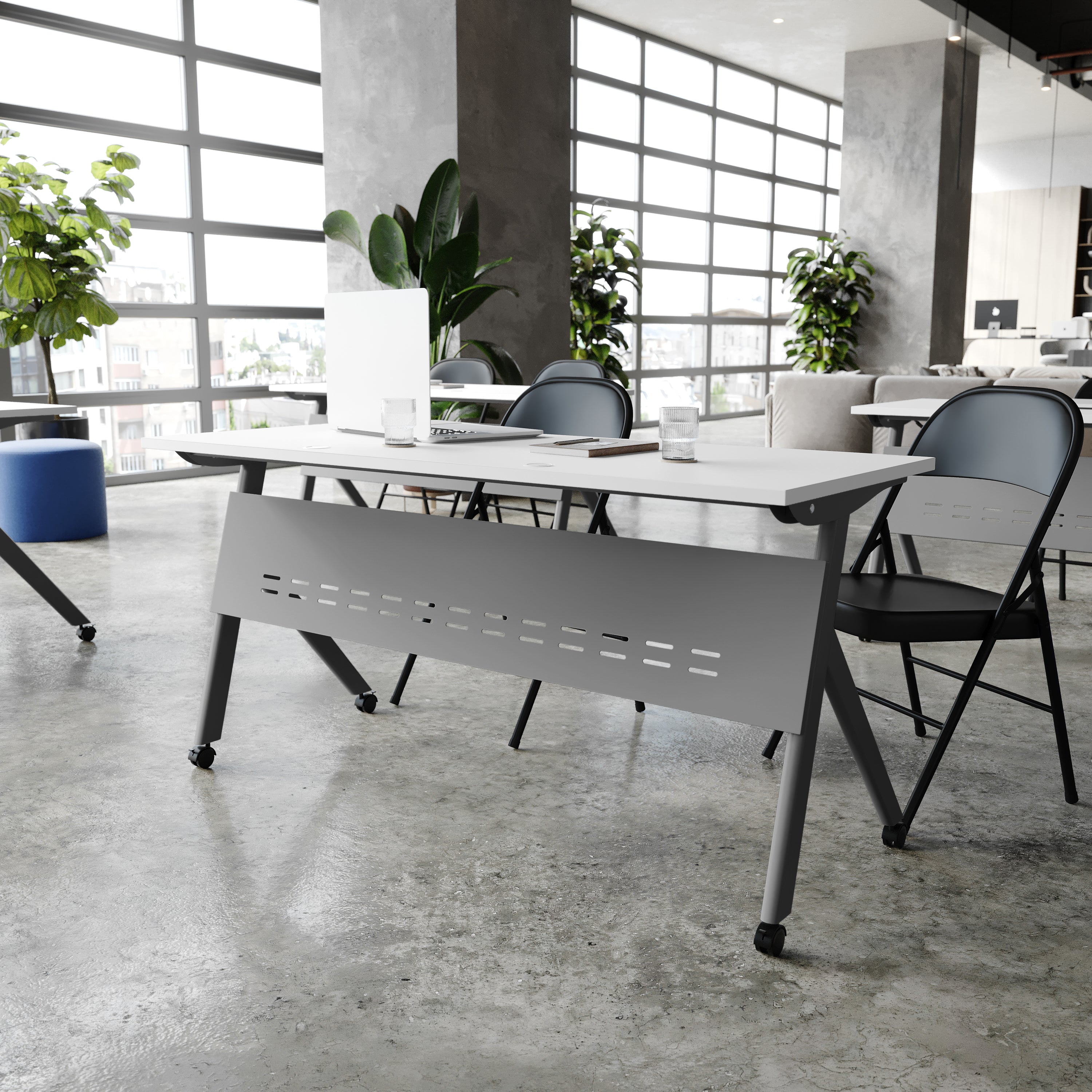 Davis Commercial Grade 60" x 24" Heavy-Duty Nesting Flip Training Table with Y-Legs, Modesty Panel, 1" Thick White Tabletop, and Gray Steel Frame