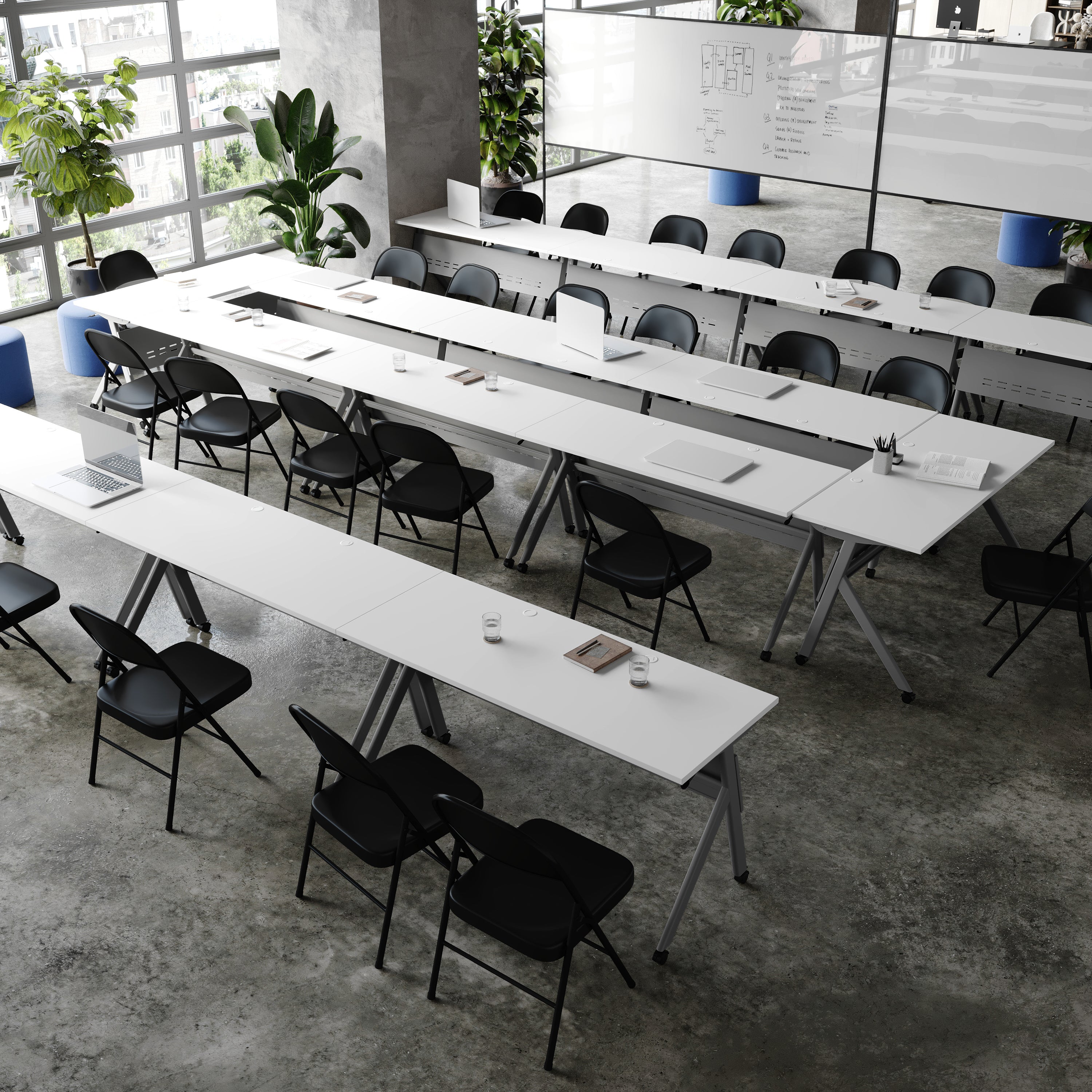 Davis Commercial Grade 60" x 24" Heavy-Duty Nesting Flip Training Table with Y-Legs, Modesty Panel, 1" Thick White Tabletop, and Gray Steel Frame