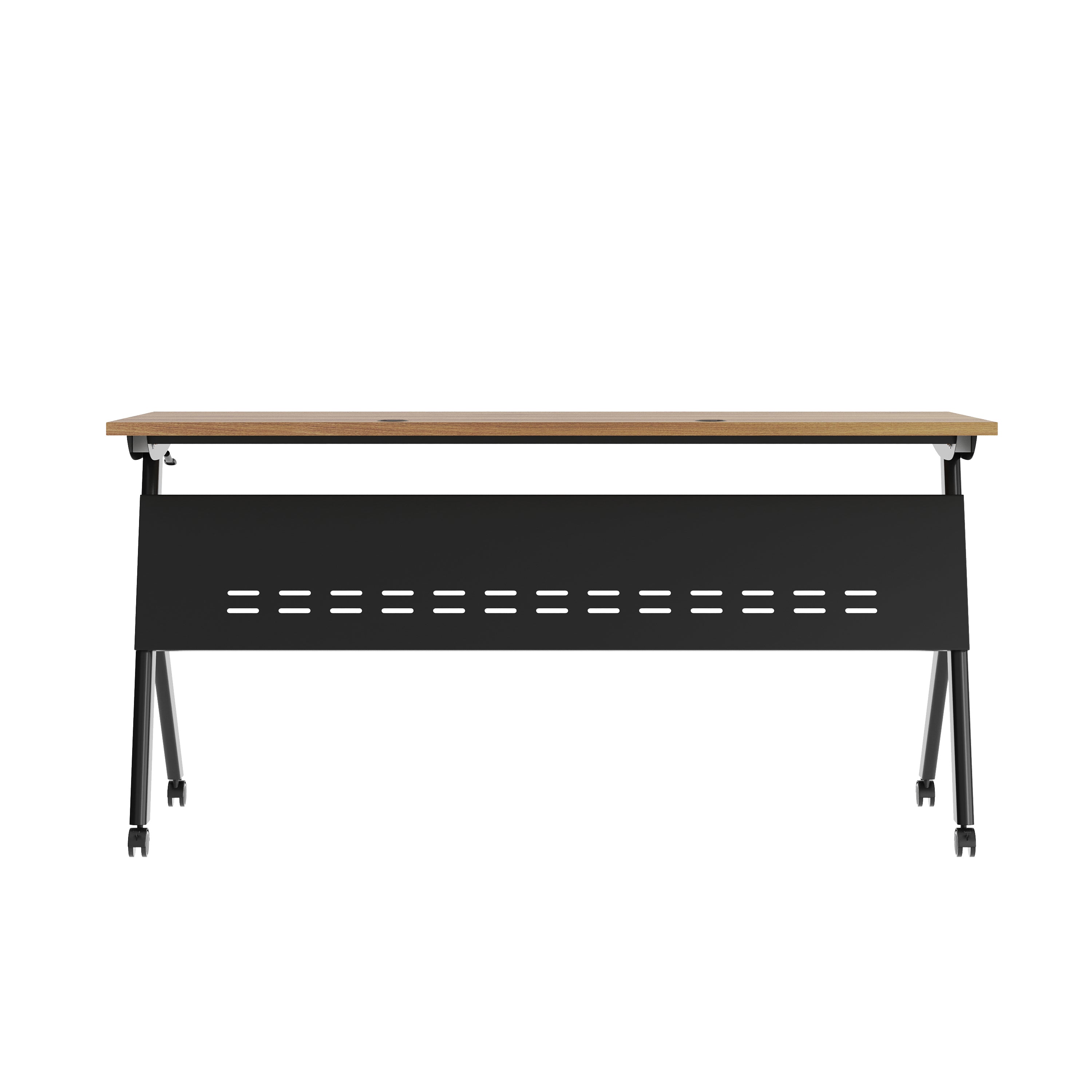 Davis Commercial Grade 60" x 24" Heavy-Duty Nesting Flip Training Table with Y-Legs, Modesty Panel, 1" Thick Walnut Tabletop, and Black Steel Frame