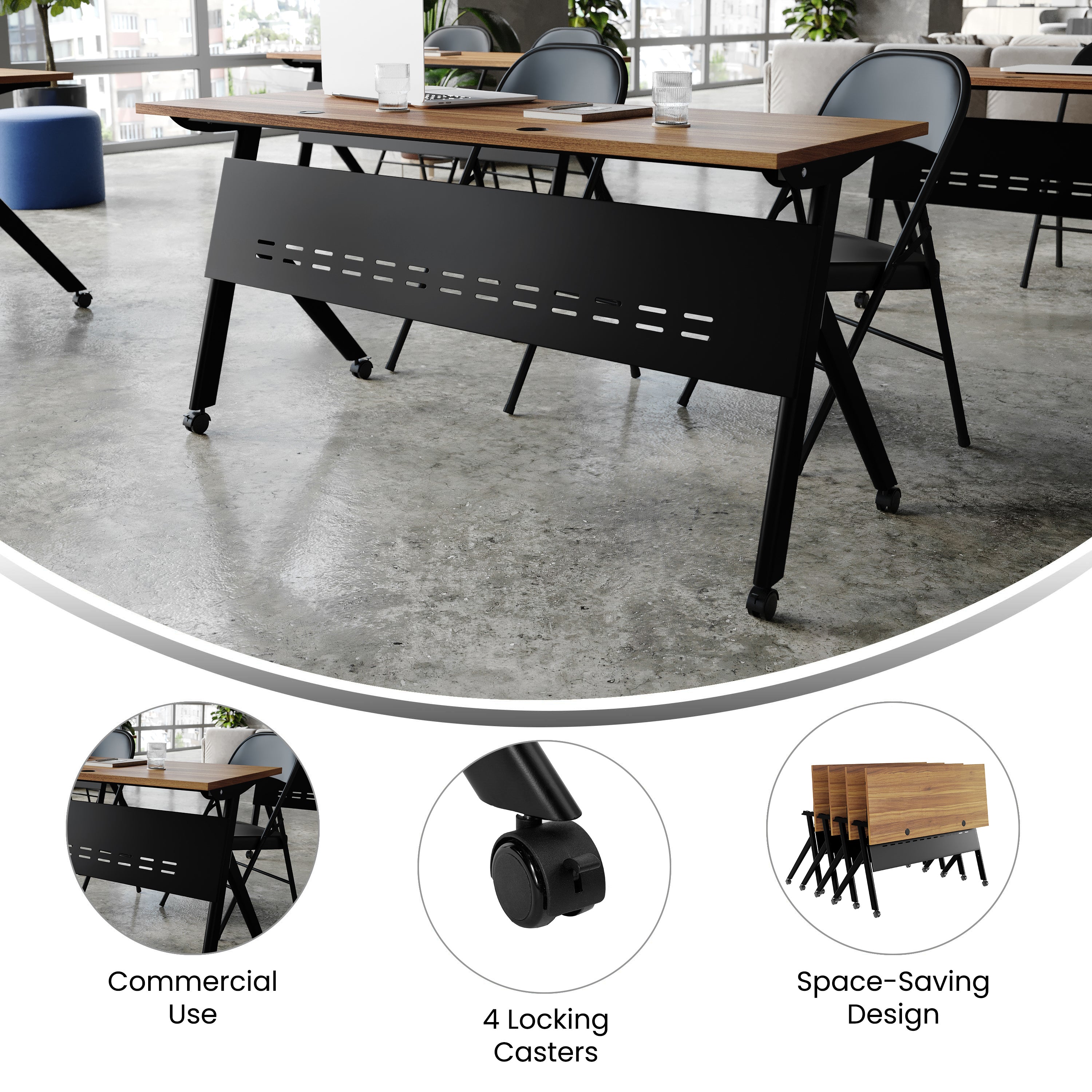 Davis Commercial Grade 60" x 24" Heavy-Duty Nesting Flip Training Table with Y-Legs, Modesty Panel, 1" Thick Walnut Tabletop, and Black Steel Frame