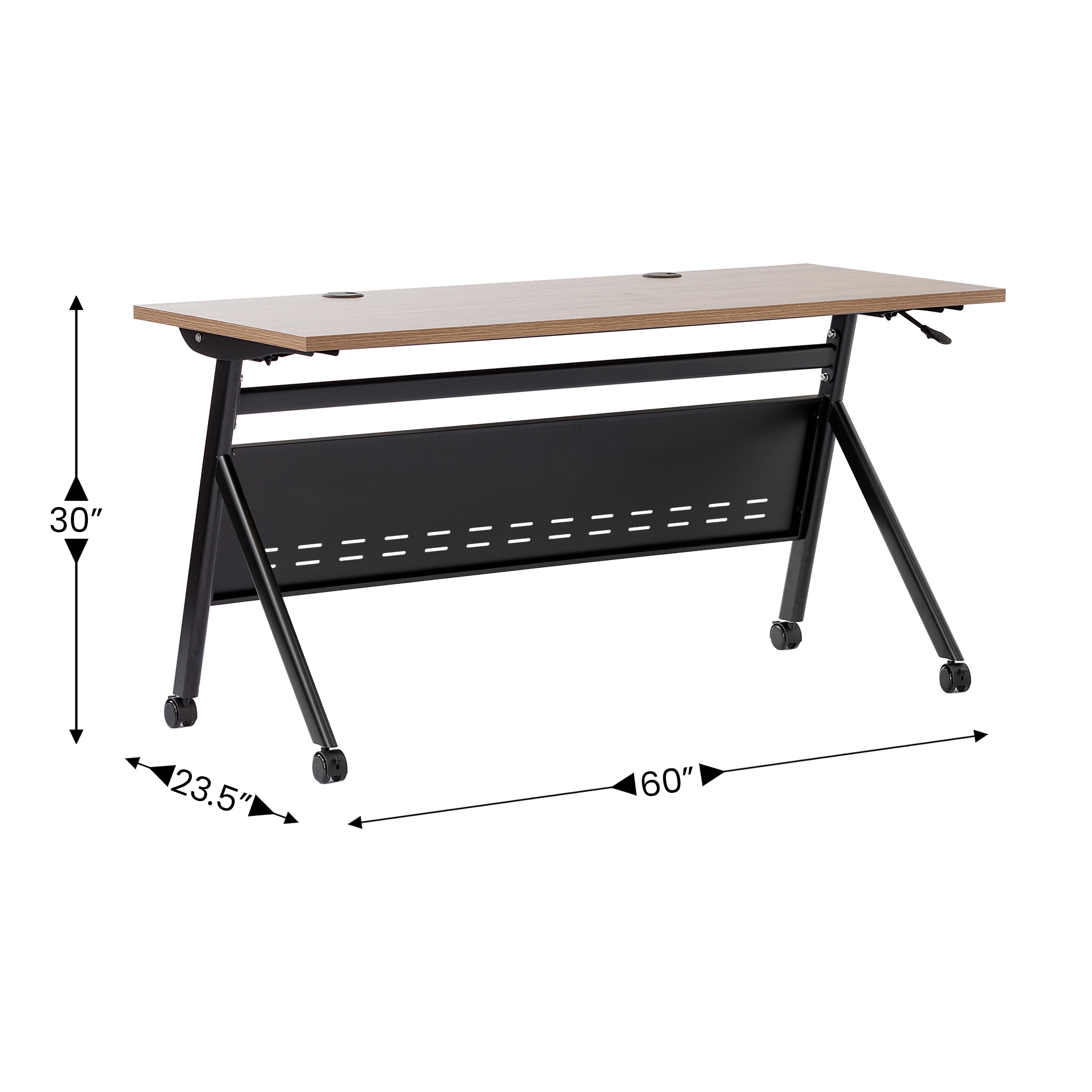 Davis Commercial Grade 60" x 24" Heavy-Duty Nesting Flip Training Table with Y-Legs, Modesty Panel, 1" Thick Walnut Tabletop, and Black Steel Frame