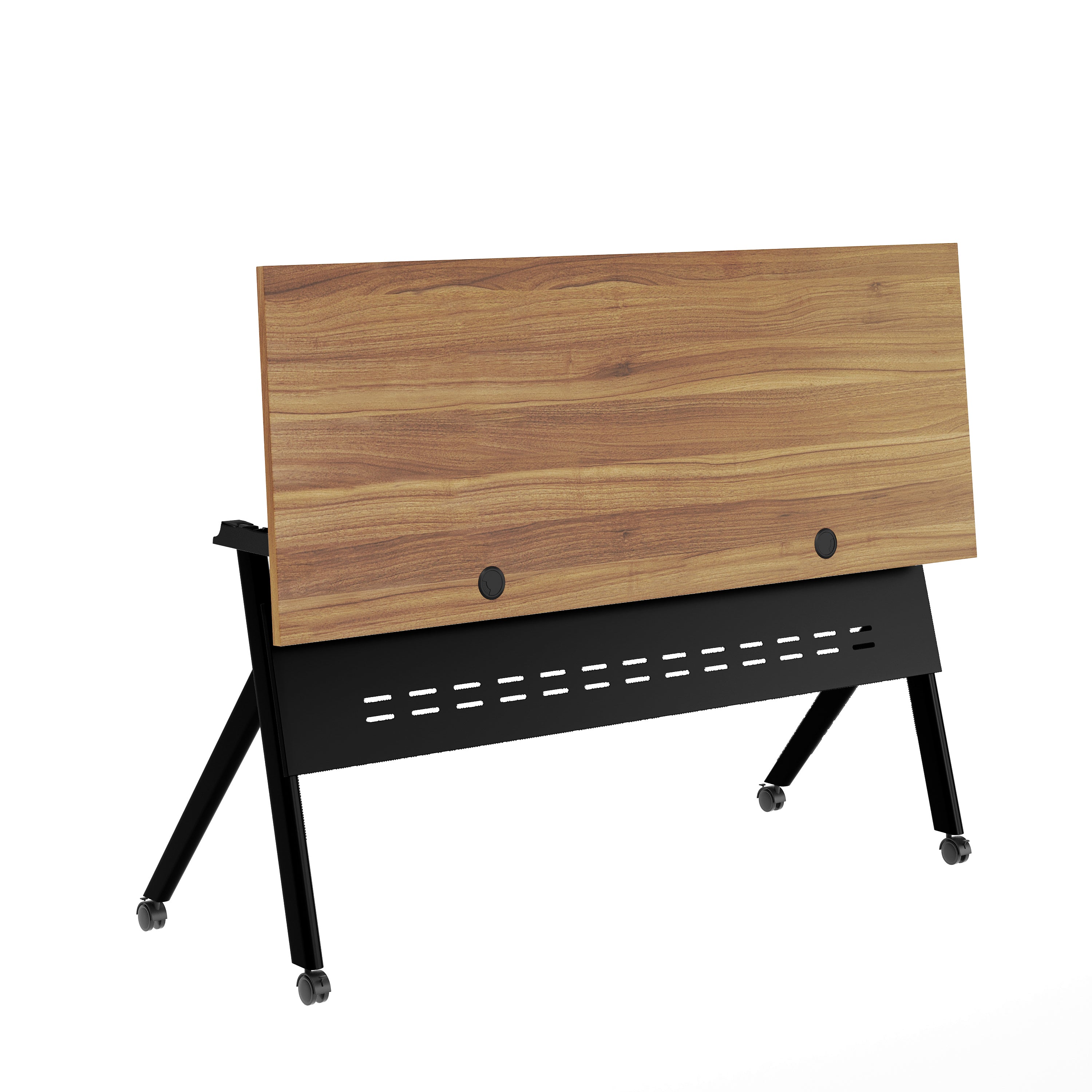 Davis Commercial Grade 60" x 24" Heavy-Duty Nesting Flip Training Table with Y-Legs, Modesty Panel, 1" Thick Walnut Tabletop, and Black Steel Frame