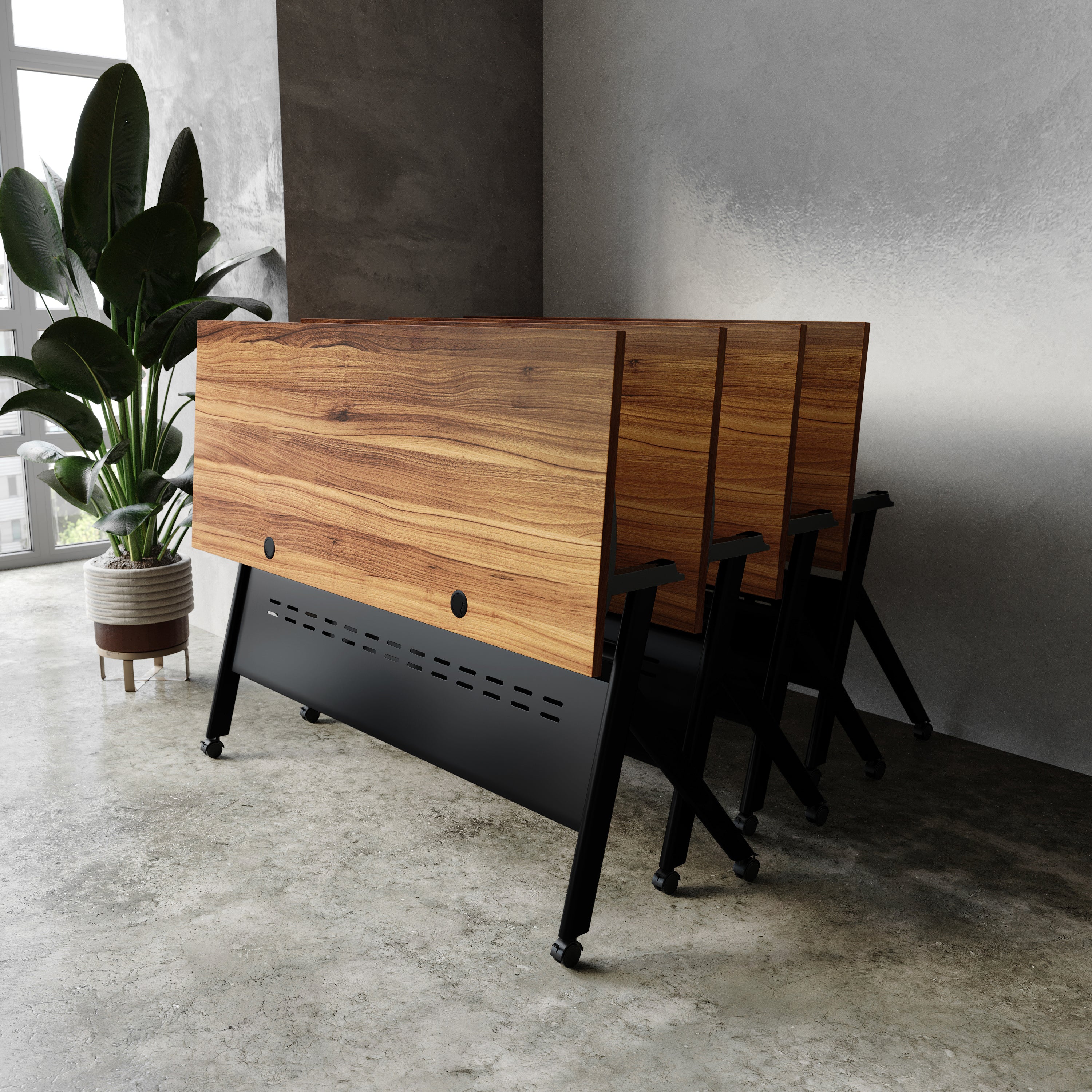 Davis Commercial Grade 60" x 24" Heavy-Duty Nesting Flip Training Table with Y-Legs, Modesty Panel, 1" Thick Walnut Tabletop, and Black Steel Frame