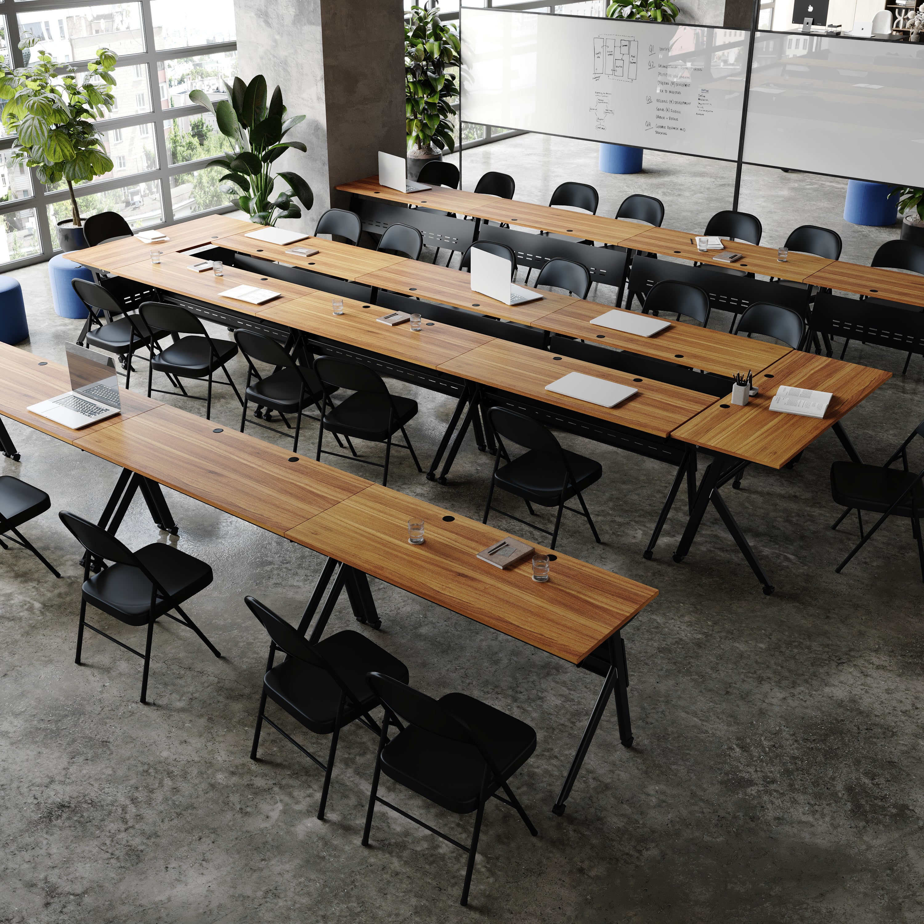 Davis Commercial Grade 60" x 24" Heavy-Duty Nesting Flip Training Table with Y-Legs, Modesty Panel, 1" Thick Walnut Tabletop, and Black Steel Frame
