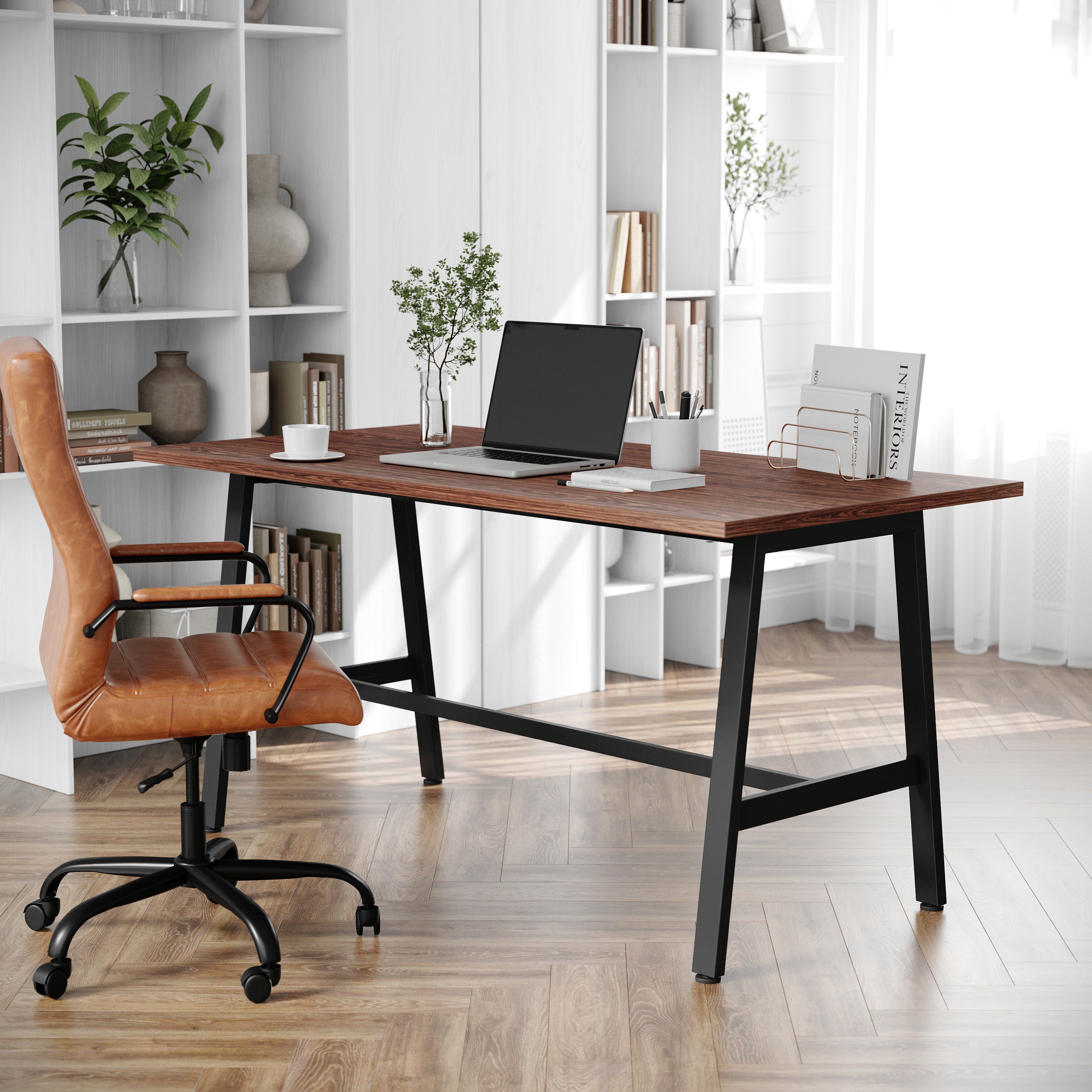 Redmond Commercial 60x30 Conference Table with 1" Thick Double Sided Laminate Table Top with PVC Edging and Heavy Duty A-Frame Steel Base, Walnut