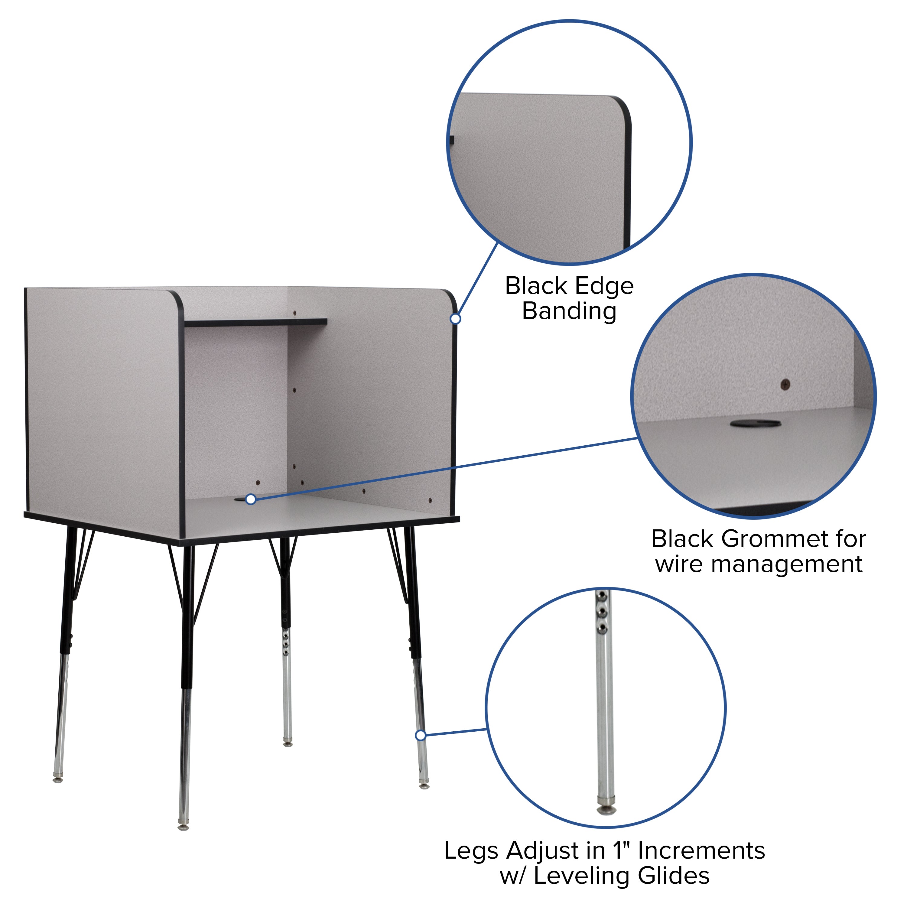 Justin Stand-Alone Study Carrel with Top Shelf - Height Adjustable Legs and Wire Management Grommet - Nebula Grey Finish