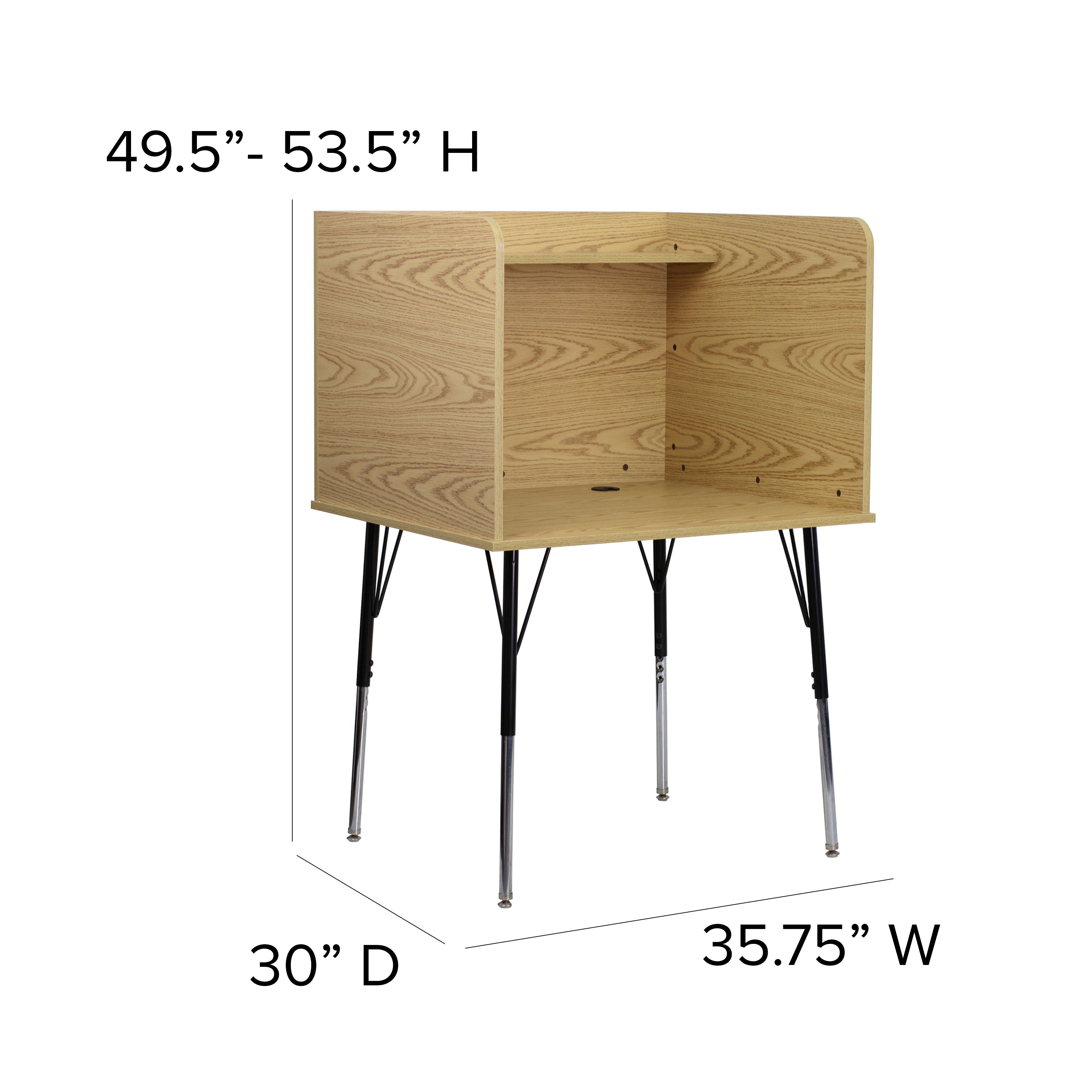 Justin Stand-Alone Study Carrel with Top Shelf - Height Adjustable Legs and Wire Management Grommet - Oak Finish