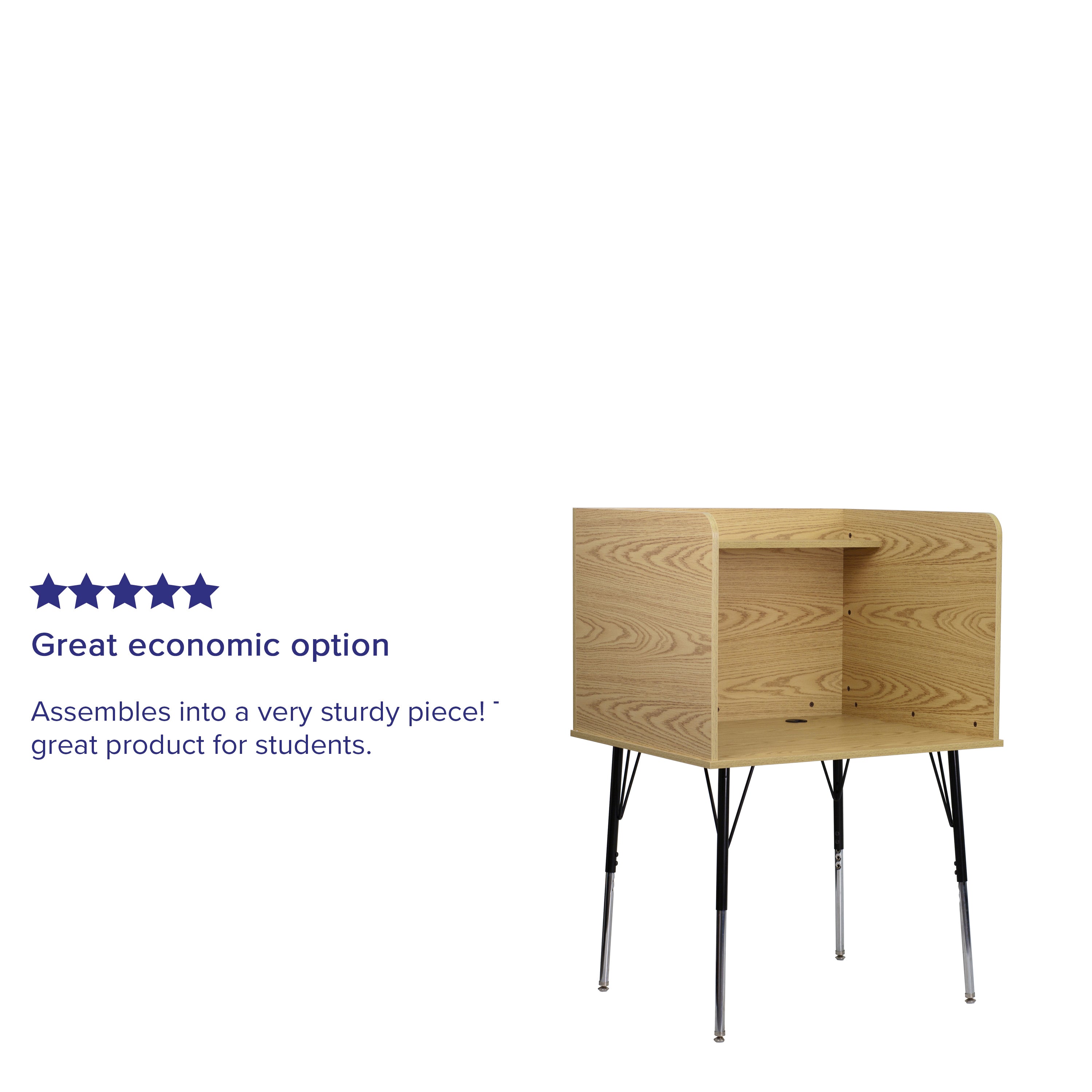 Justin Stand-Alone Study Carrel with Top Shelf - Height Adjustable Legs and Wire Management Grommet - Oak Finish