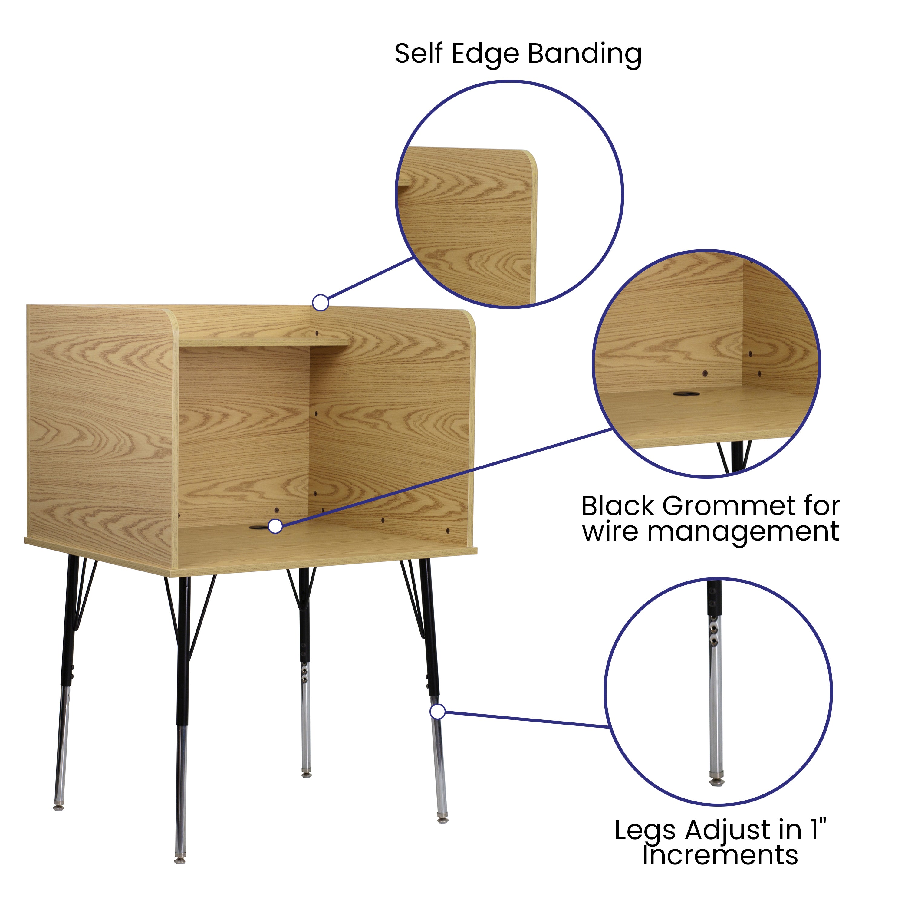 Justin Stand-Alone Study Carrel with Top Shelf - Height Adjustable Legs and Wire Management Grommet - Oak Finish