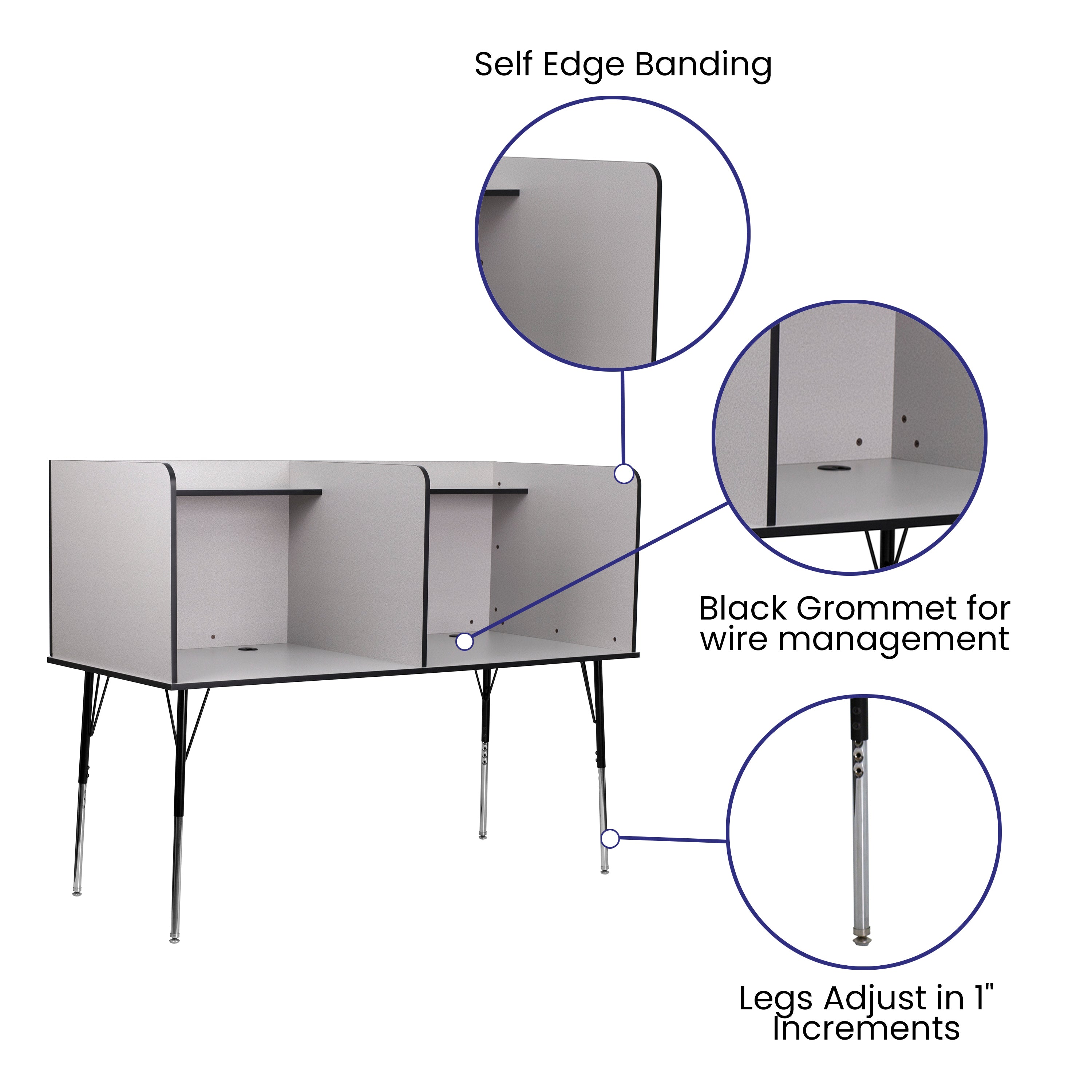 Michael Stand-Alone Double Study Carrel with Top Shelf - Height Adjustable Legs and Wire Management Grommet - Nebula Grey Finish