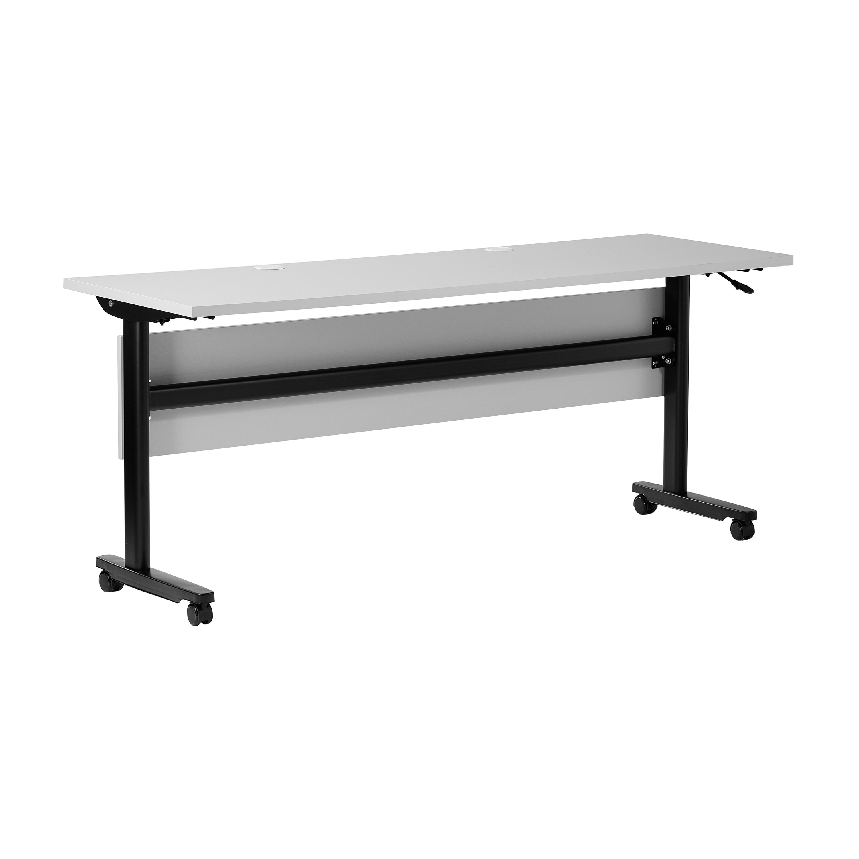 Palmer Commercial Grade 72" x 24" Heavy-Duty Nesting Flip Training Table with T-Legs, Modesty Panel, 1" Thick Gray Tabletop, and Black Steel Frame