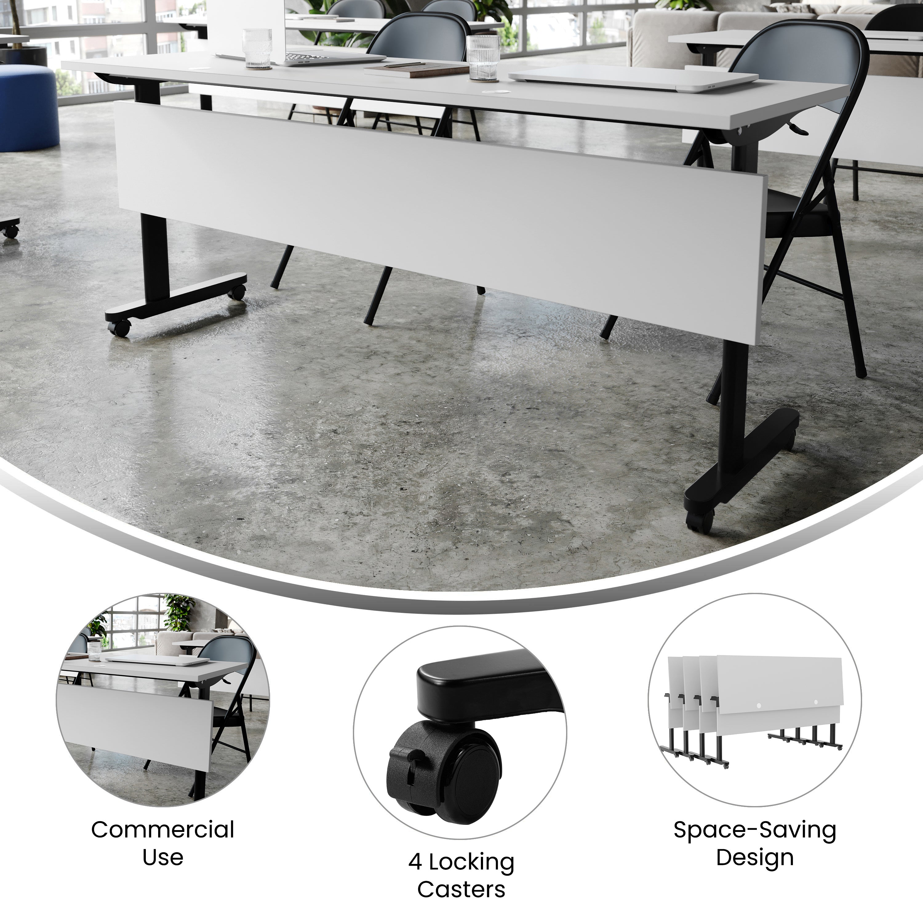 Palmer Commercial Grade 72" x 24" Heavy-Duty Nesting Flip Training Table with T-Legs, Modesty Panel, 1" Thick Gray Tabletop, and Black Steel Frame