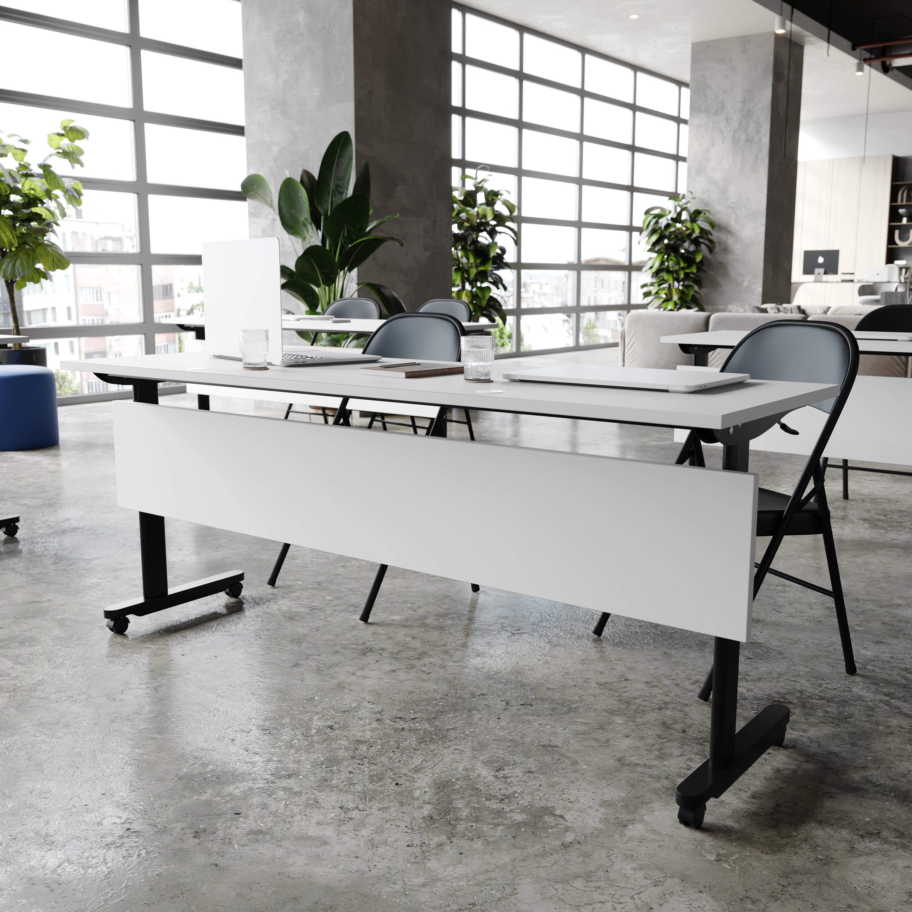 Palmer Commercial Grade 72" x 24" Heavy-Duty Nesting Flip Training Table with T-Legs, Modesty Panel, 1" Thick Gray Tabletop, and Black Steel Frame