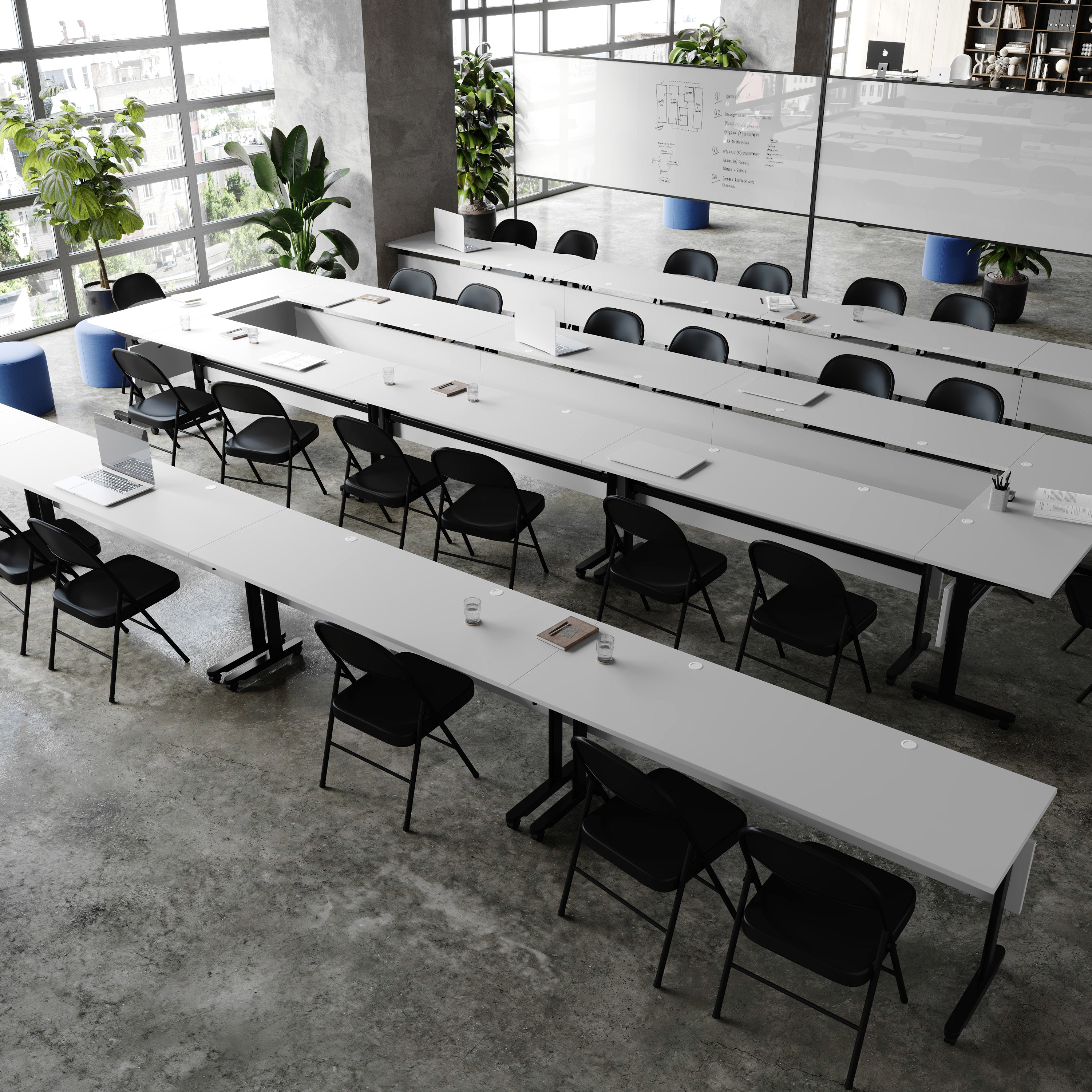 Palmer Commercial Grade 72" x 24" Heavy-Duty Nesting Flip Training Table with T-Legs, Modesty Panel, 1" Thick Gray Tabletop, and Black Steel Frame