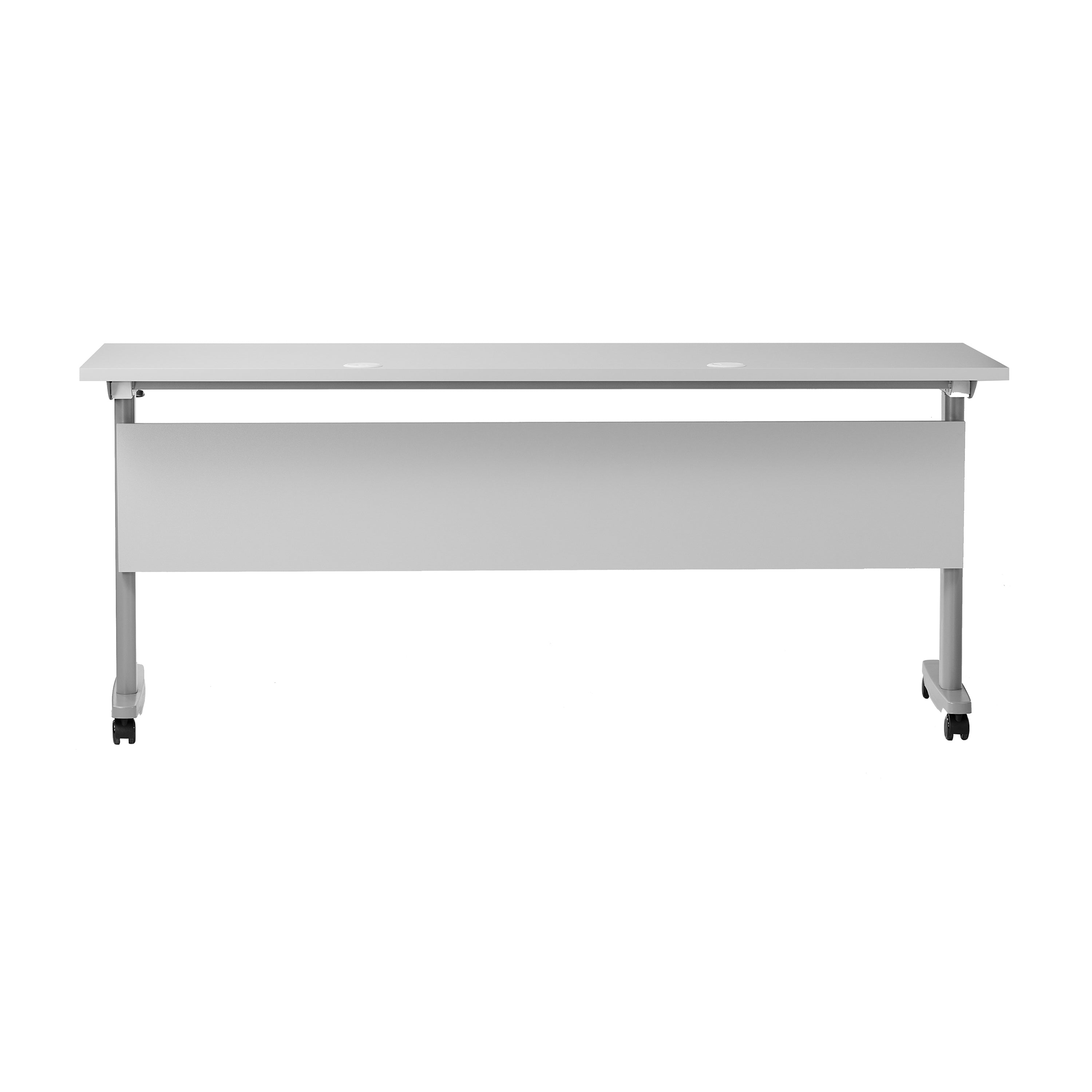 Palmer Commercial Grade 72" x 24" Heavy-Duty Nesting Flip Training Table with T-Legs, Modesty Panel, 1" Thick Gray Tabletop, and Gray Steel Frame